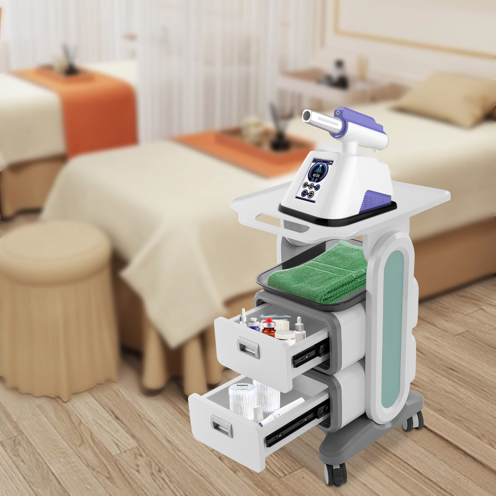 3 Tiers Lab Carts Mobile Medical Cart with 2 Drawers & 1 Top Tray Floorstanding