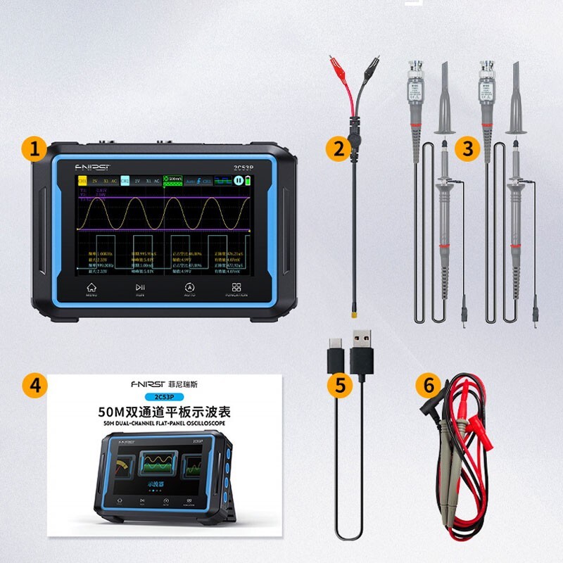 FNIRSI-2C53P 3-IN-1 2-Ch 50MHz Handheld Touchable Oscilloscope Multimeter