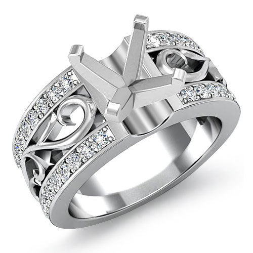 Asscher Semi Mount Natural Diamond Wedding Filigree Ring 14k White Gold 0.55Ctw