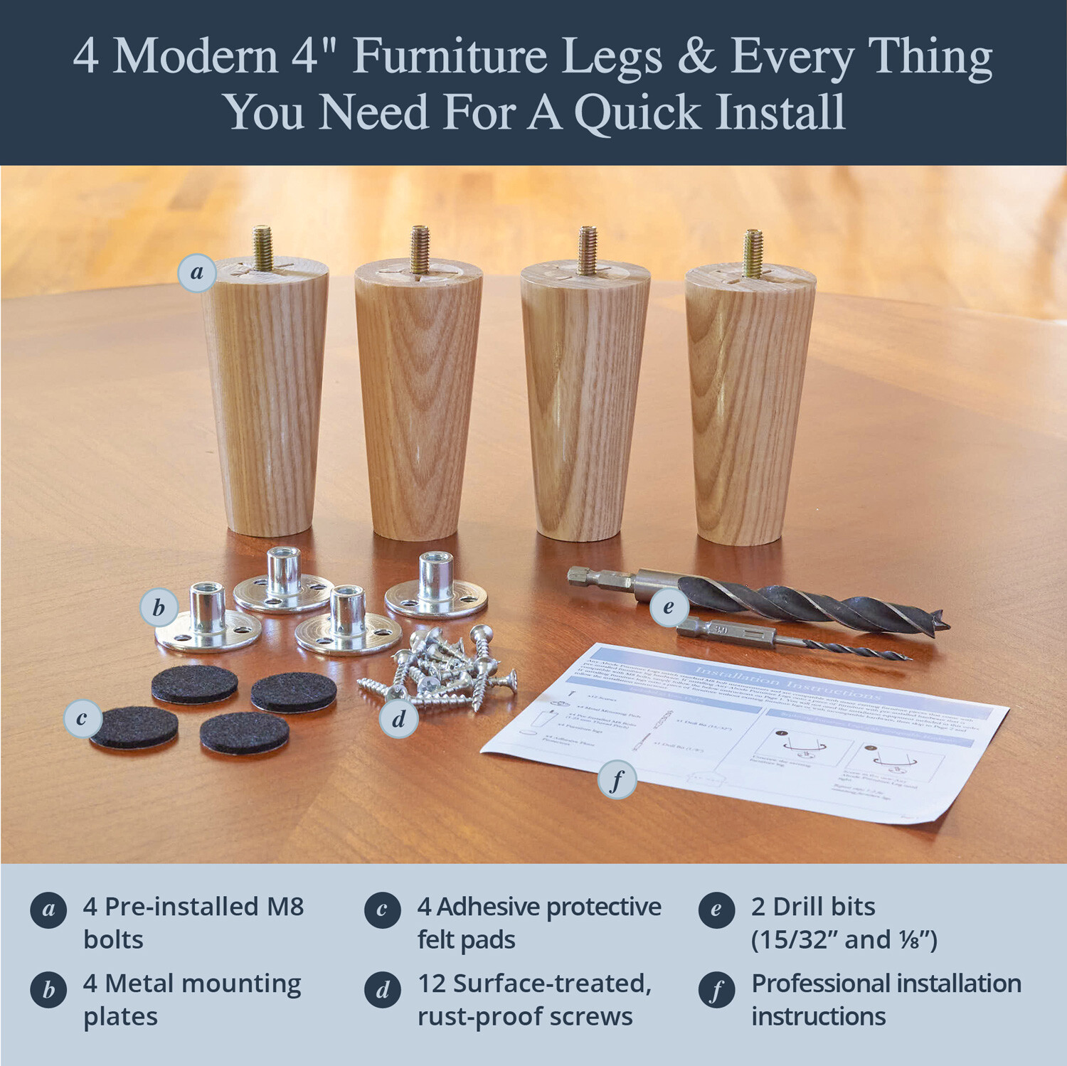 Furniture Legs Set of 4, Premium 4 inch Ash Wood Mid Century Replacement Feet