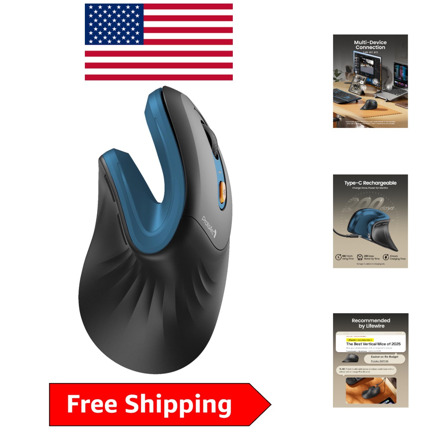Compact Bluetooth Vertical Mouse with Adjustable DPI - Ergonomic & Rechargeable