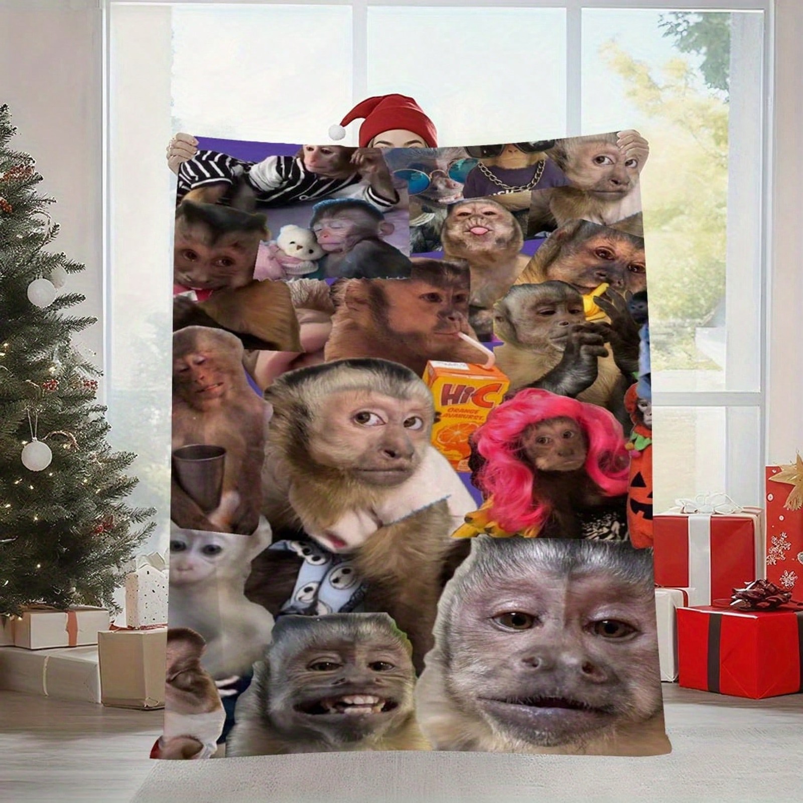 1pc Funny Monkey Face & Chimp Print Flannel Blanket