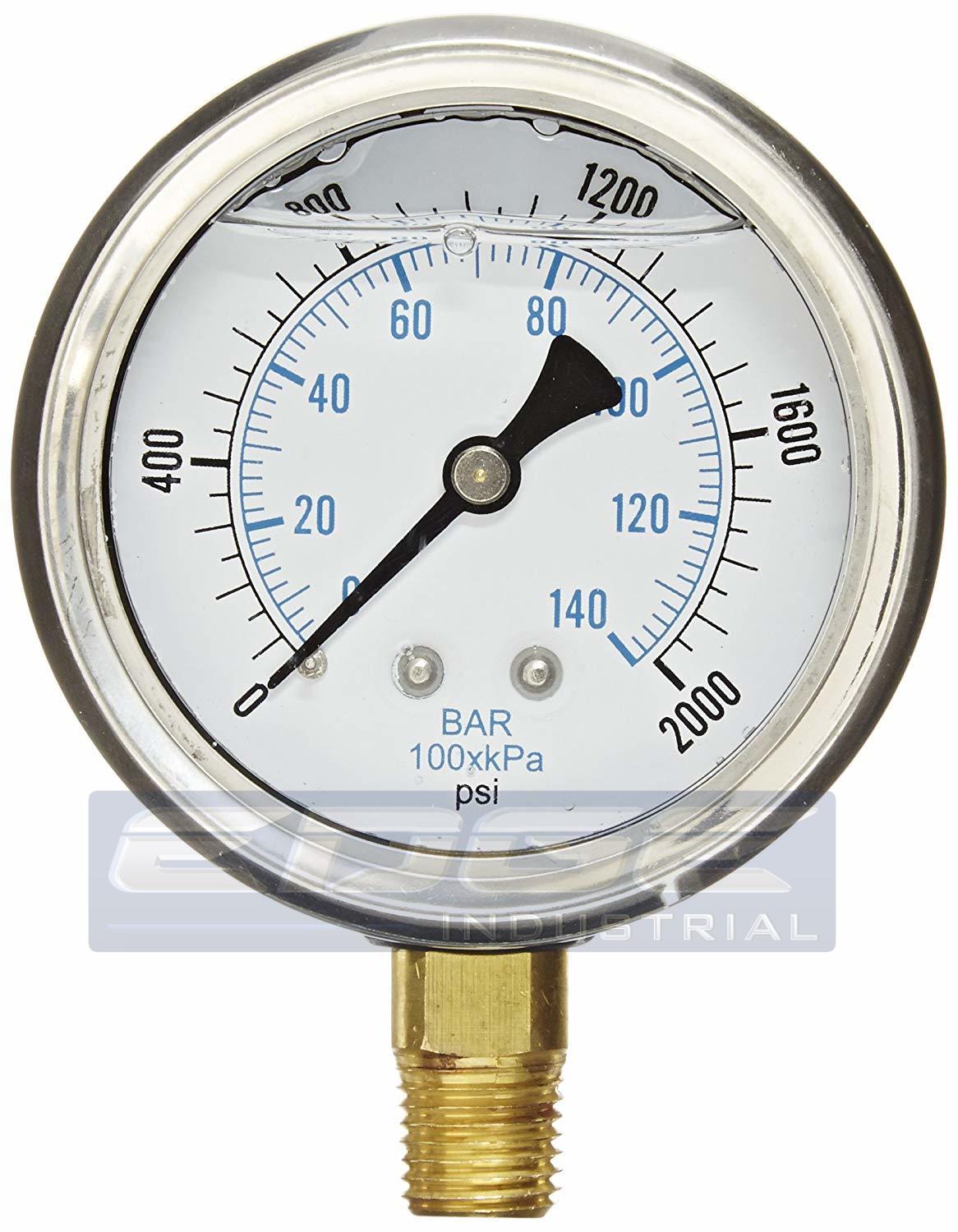 LIQUID FILLED PRESSURE GAUGE 0-2,000 PSI 2.5" FACE, 1/4" NPT LOWER MOUNT WOG