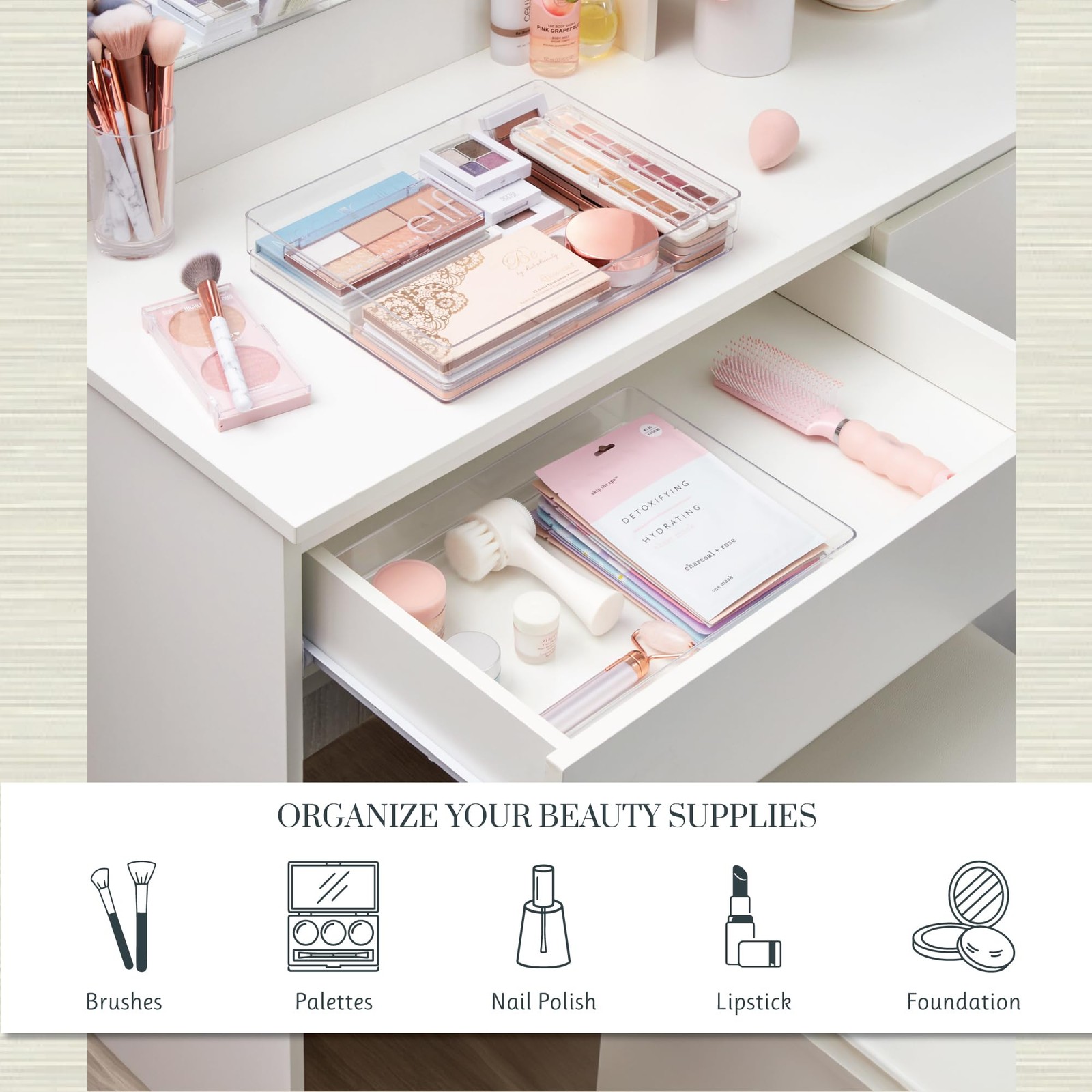 SimpleSort 2-Piece Stackable Clear Drawer Organizer Set | 12" x 9" x 2" Recta...