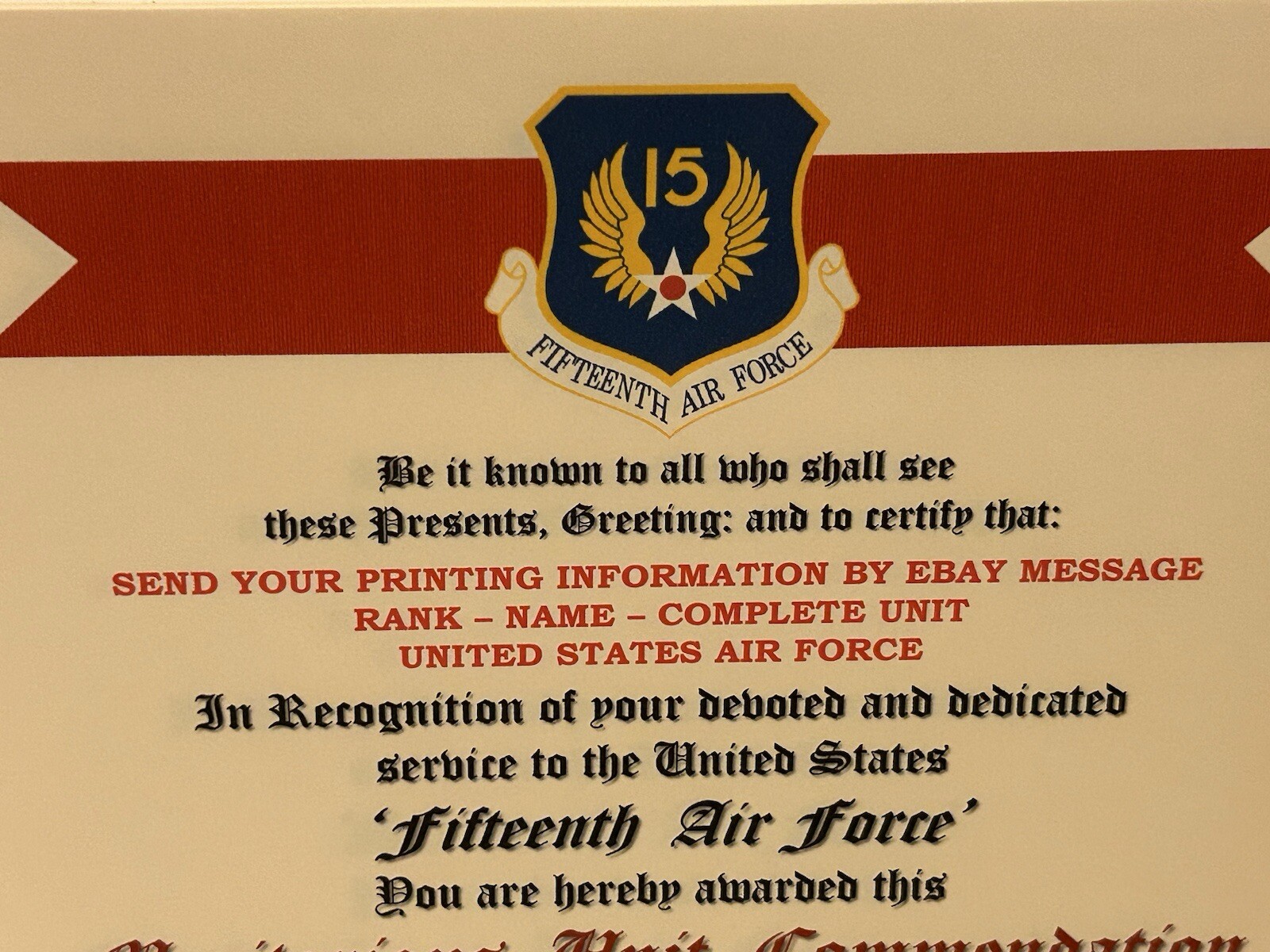 U.S. AIR FORCE / 15TH AIR FORCE - MERITORIOUS UNIT COMMENDATION CERTIFICATE
