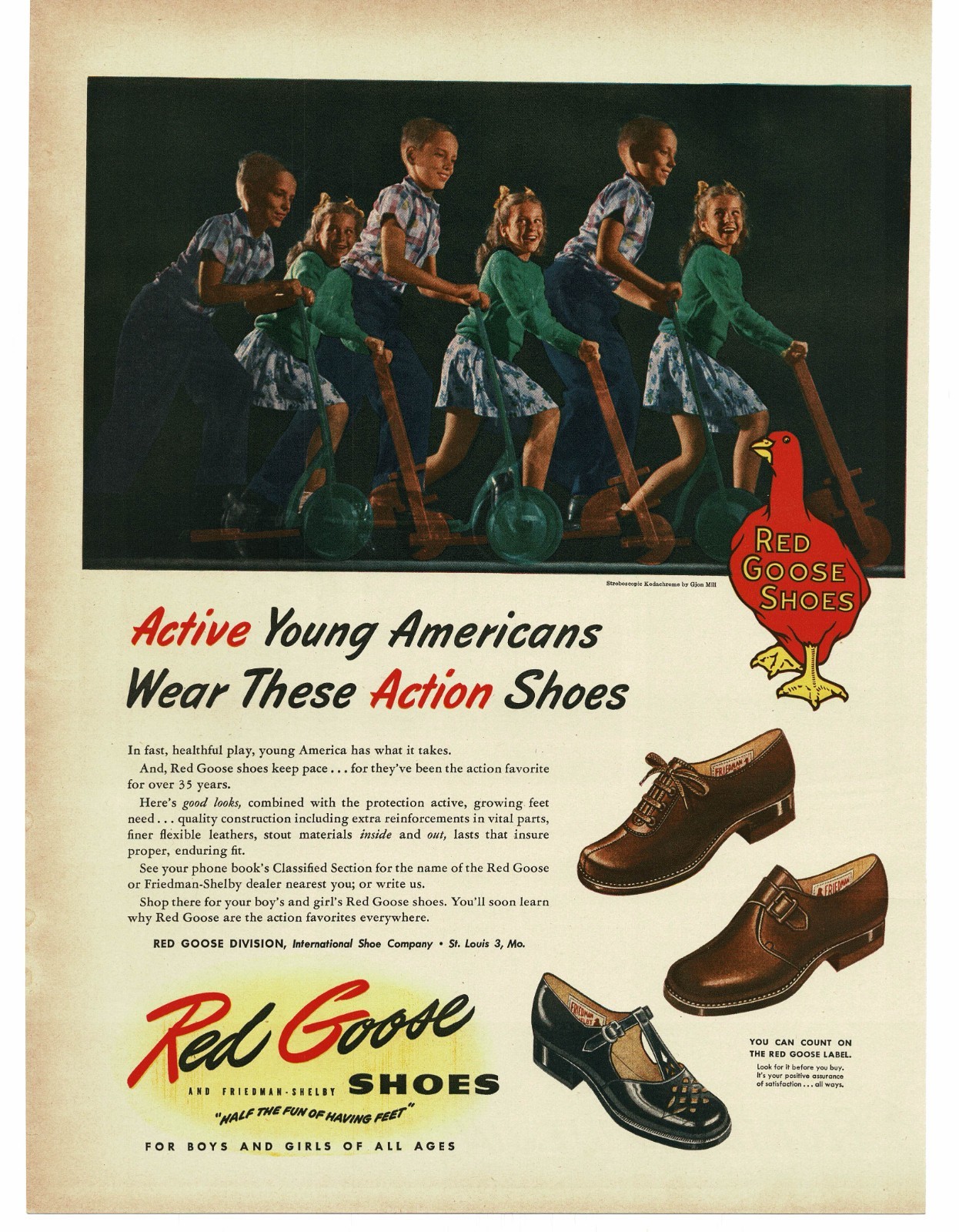 1946 Red Goose Dress Shoes boys girls on scooters Vintage Print Ad