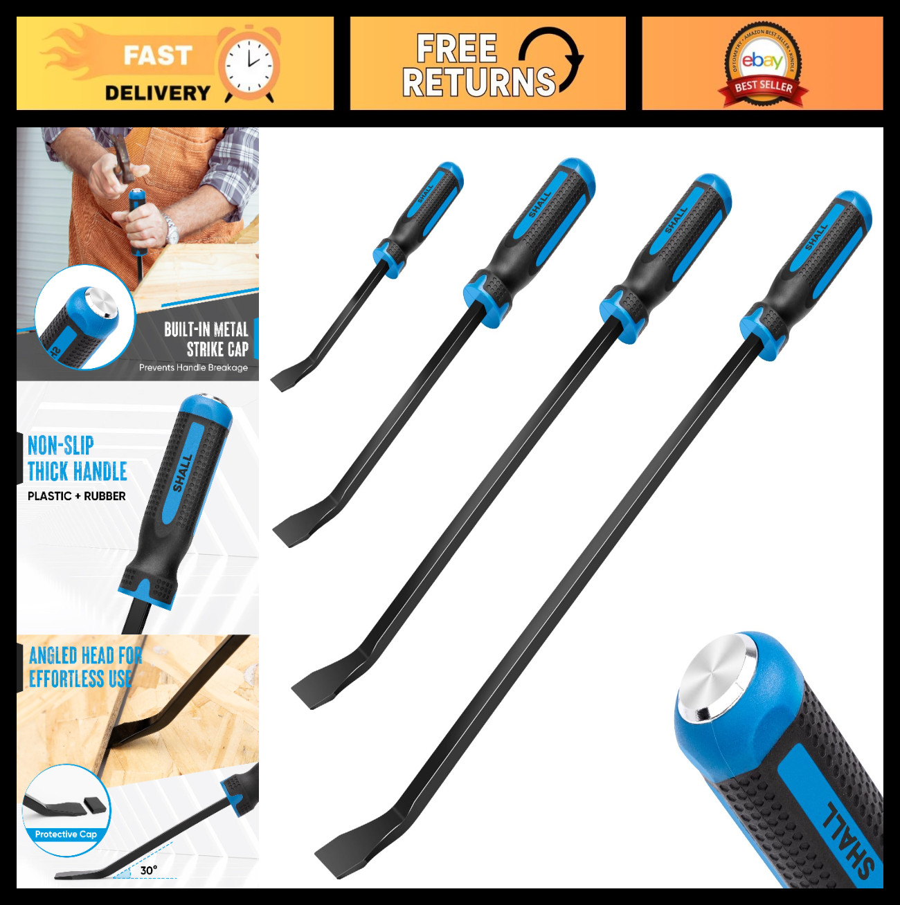 4-Piece Pry Bar Set - 8", 12", 18", 24" Angled Tip Tools for Home Renovation, Au