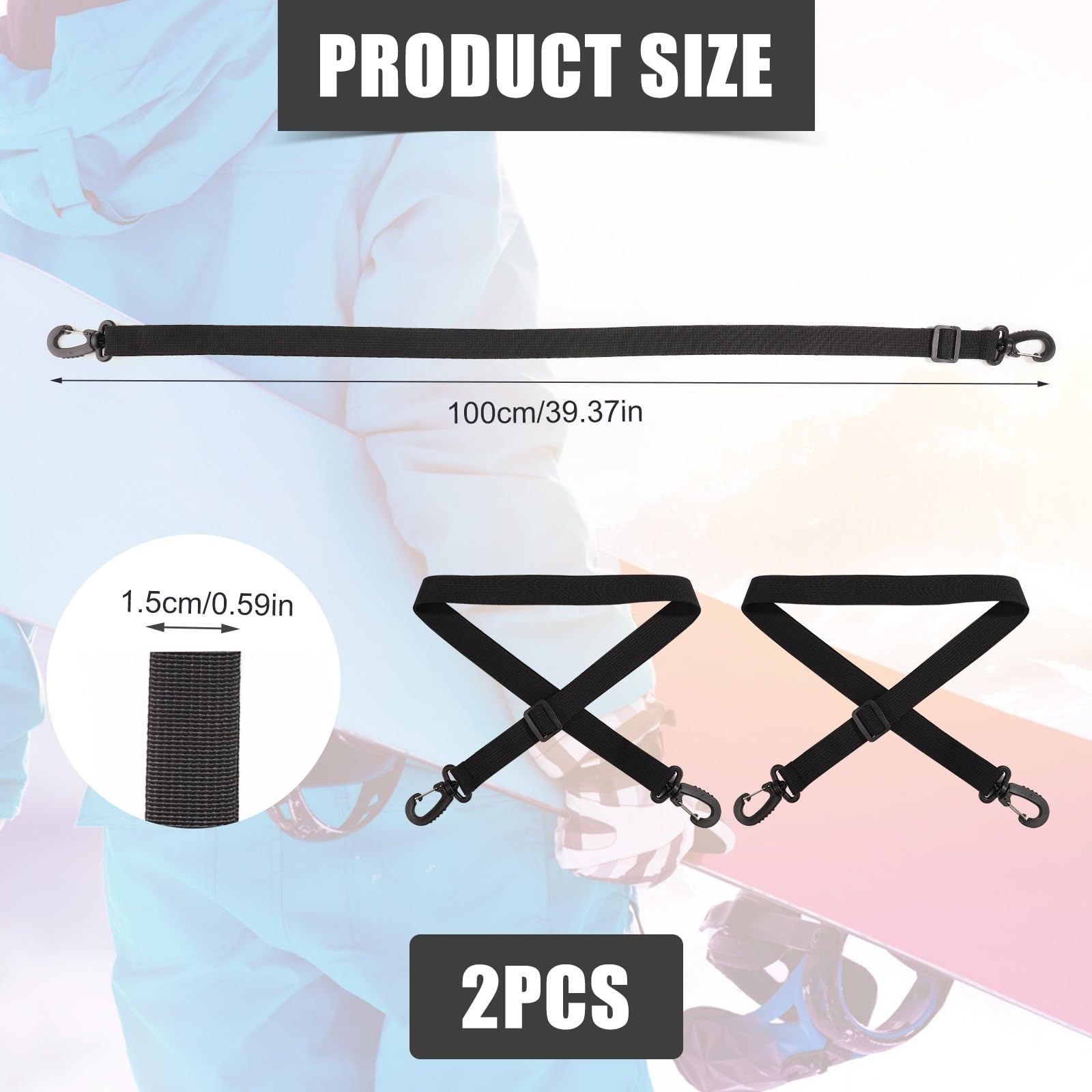 2pcs Portable Snowboard & Ski Carrier Straps - Adjustable Medium, Black