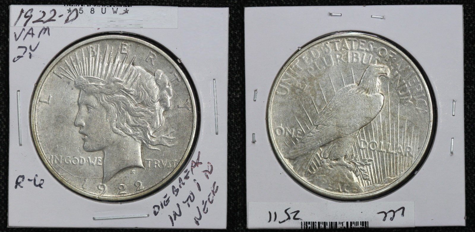 1922-D Peace Dollar VAM-2Y Die Break XF+ 58UW