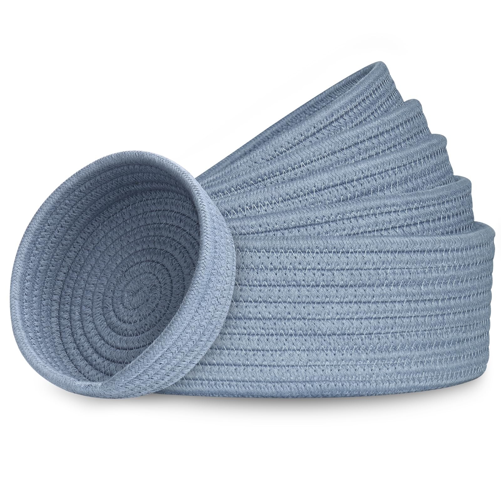 6 Pack Blue Round Cotton Rope Small Shelf Storage Baskets Organizing Bins