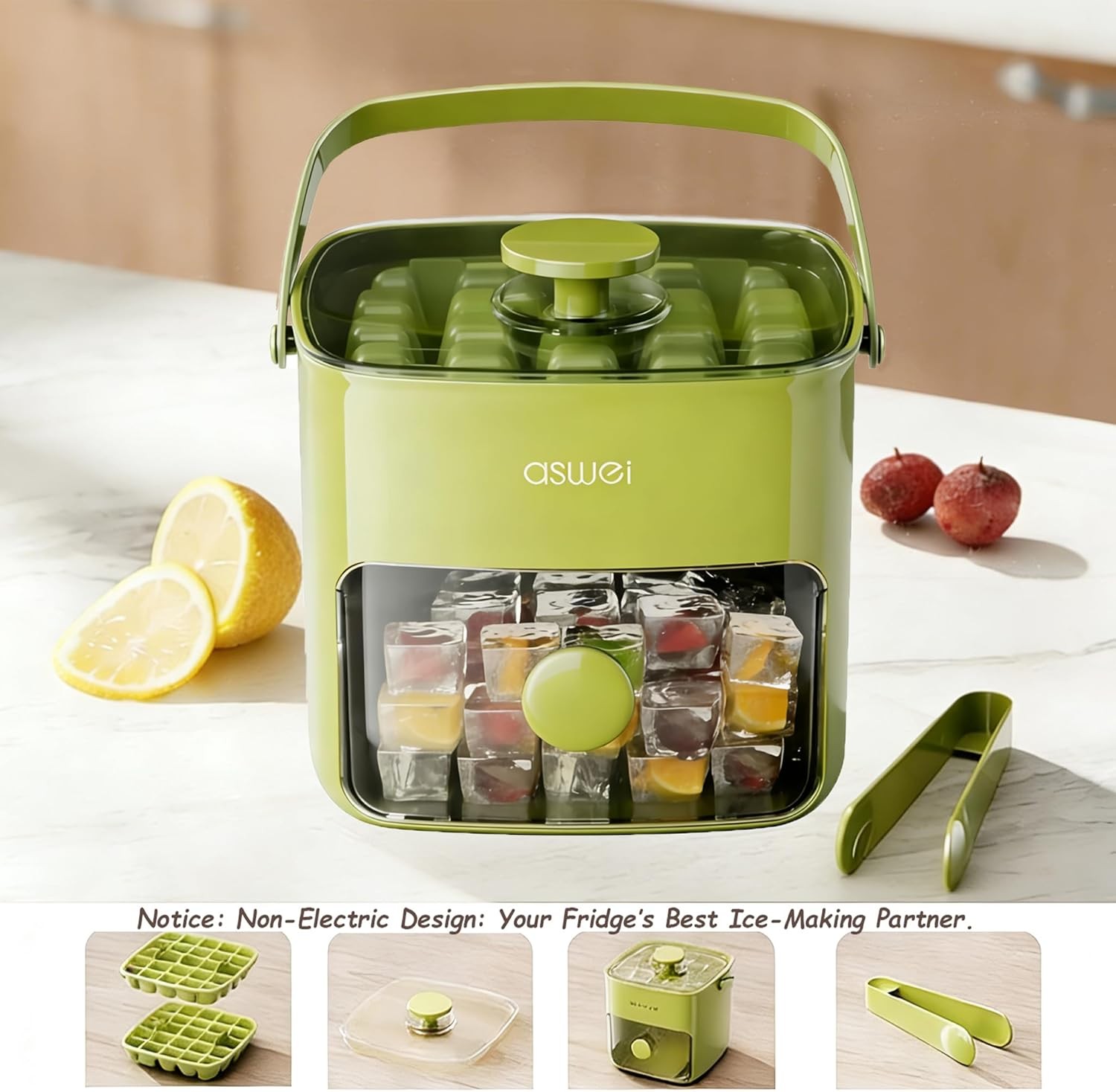 Compact Ice Cube Tray W/ Lid & Bin Mini Press-Type Ice Cube Maker Freezer