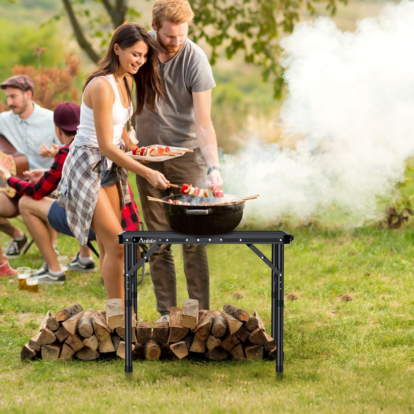 Folding Grill Table, Aluminum Camping Table Adjustable Height Max 27.5" Picni...