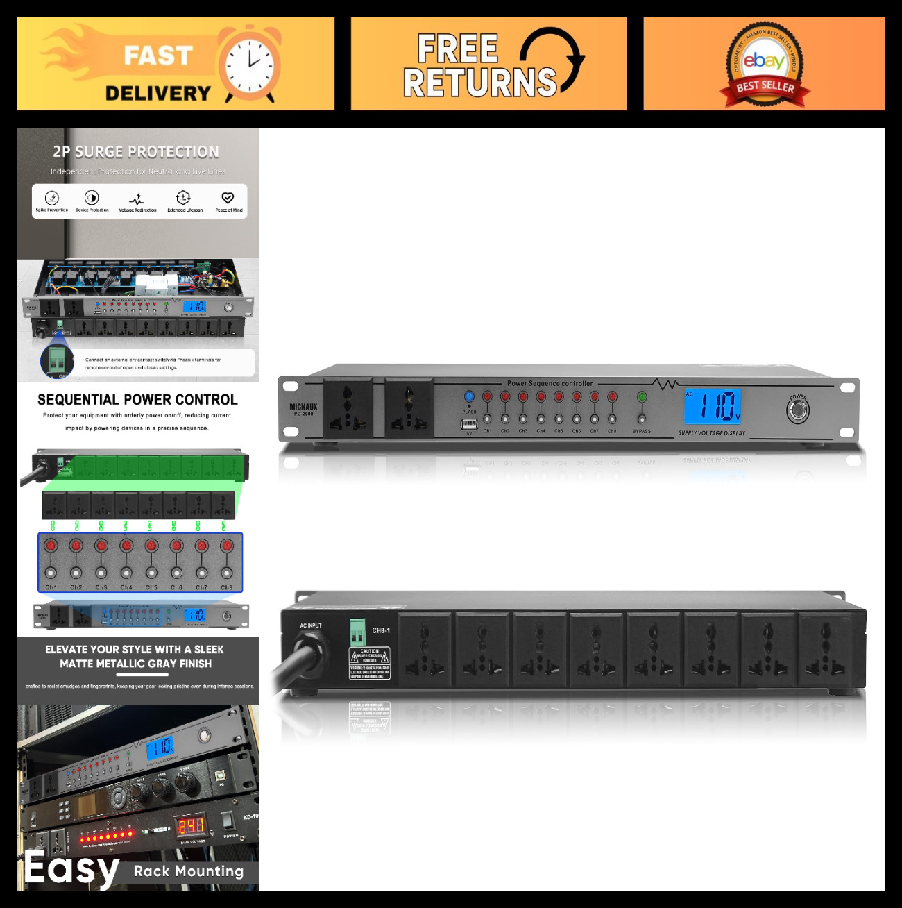 20A Rack Mount Power Conditioner for Audio Gear, 10 Outlets, Surge Protection, V
