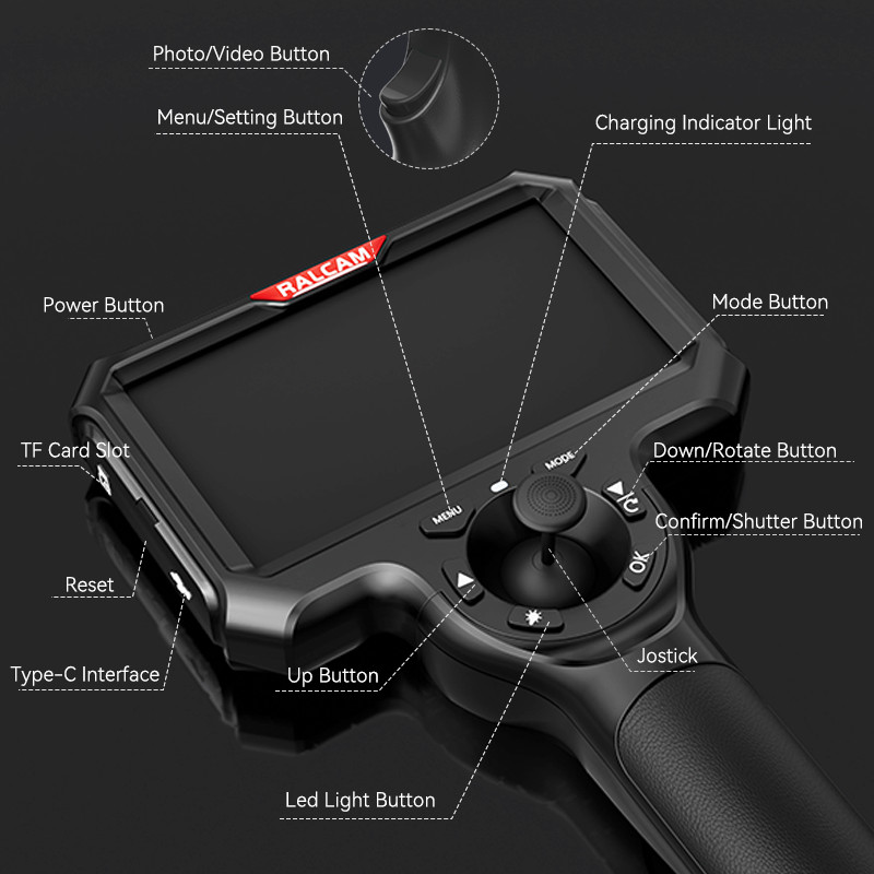 Ralcam 360° Joystick 5" Endoscope Camera with Light Inspection Camera Borescope