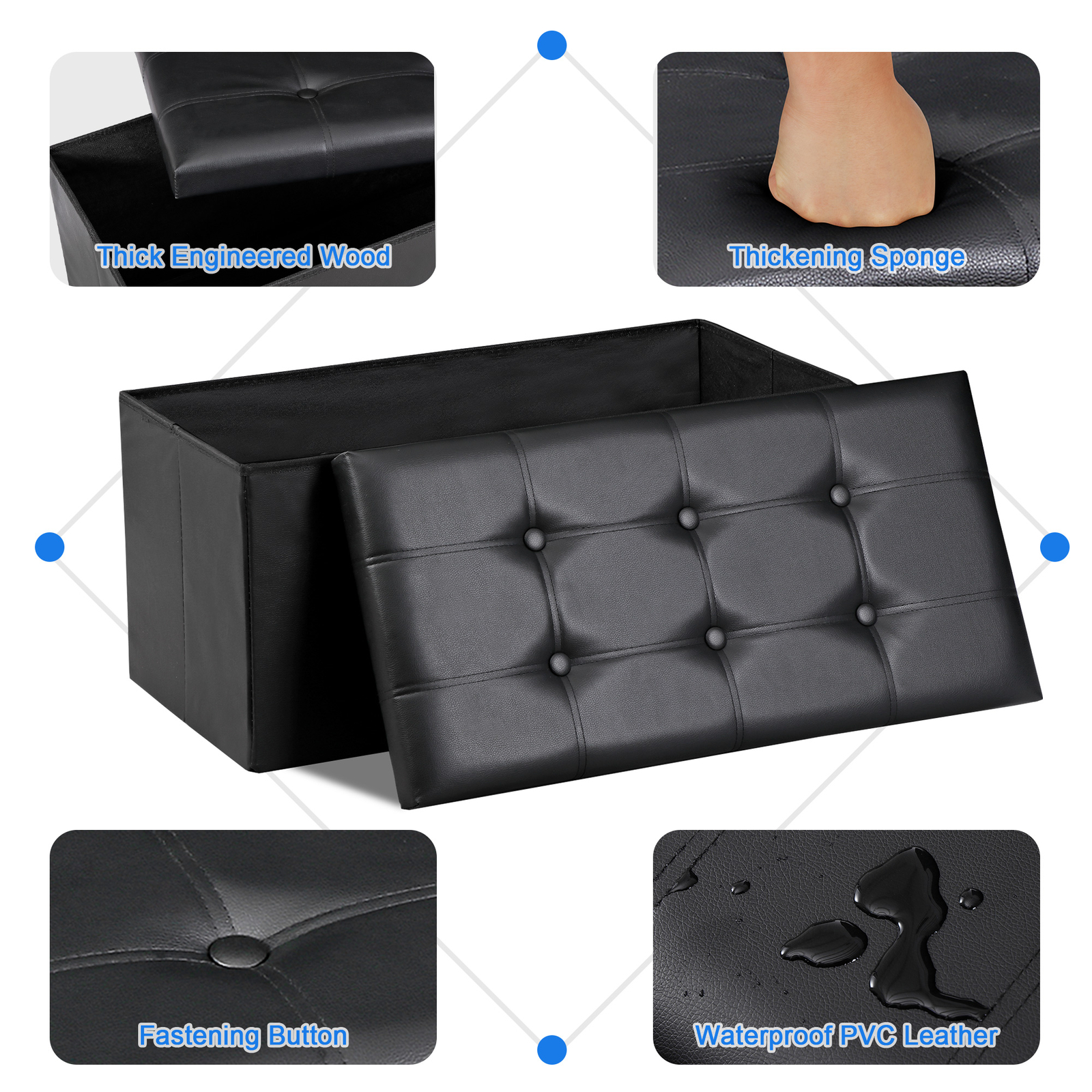 30" Folding Storage Ottoman Footstools MDF Frame Hallway Soft Seat Black