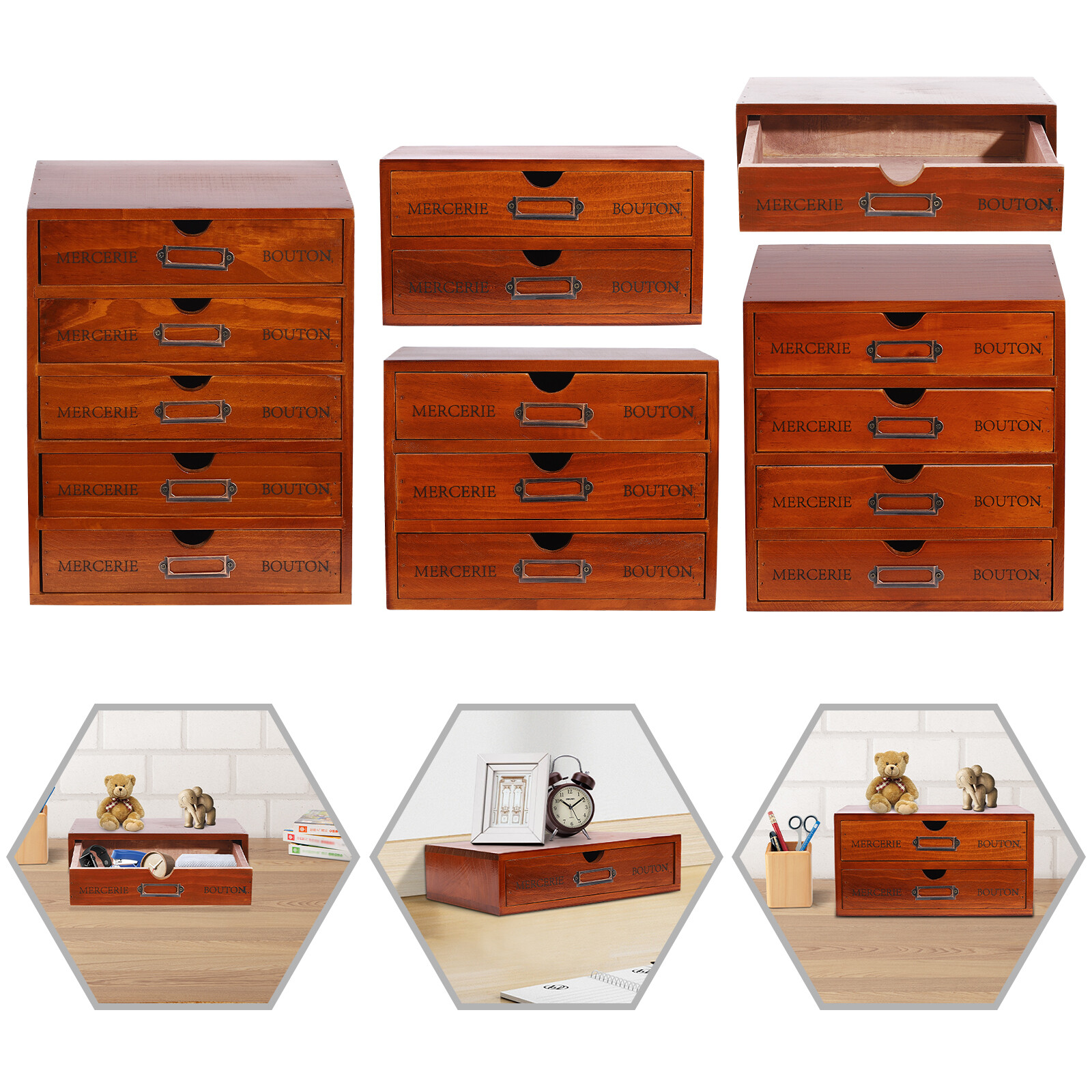 5 Pcs Retro Wooden Desktop Organizer Wooden Storage Drawers for Tabletop (Brown)