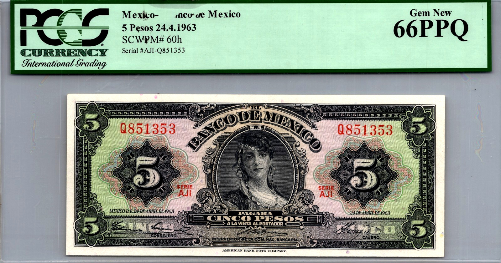 Bank of Mexico 5 Pesos 1963 PCGS 66 Gem New PPQ Pick# 60h