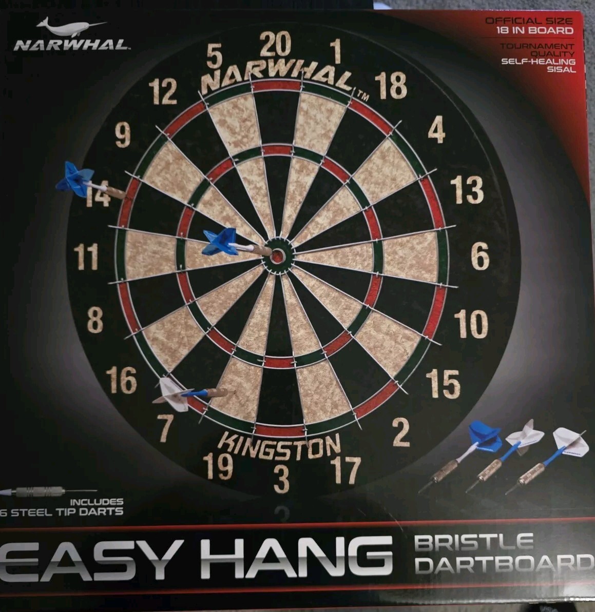 Narwhal Professional Kingston Dartboard With 6 Metal Tip Darts Brand New In Box