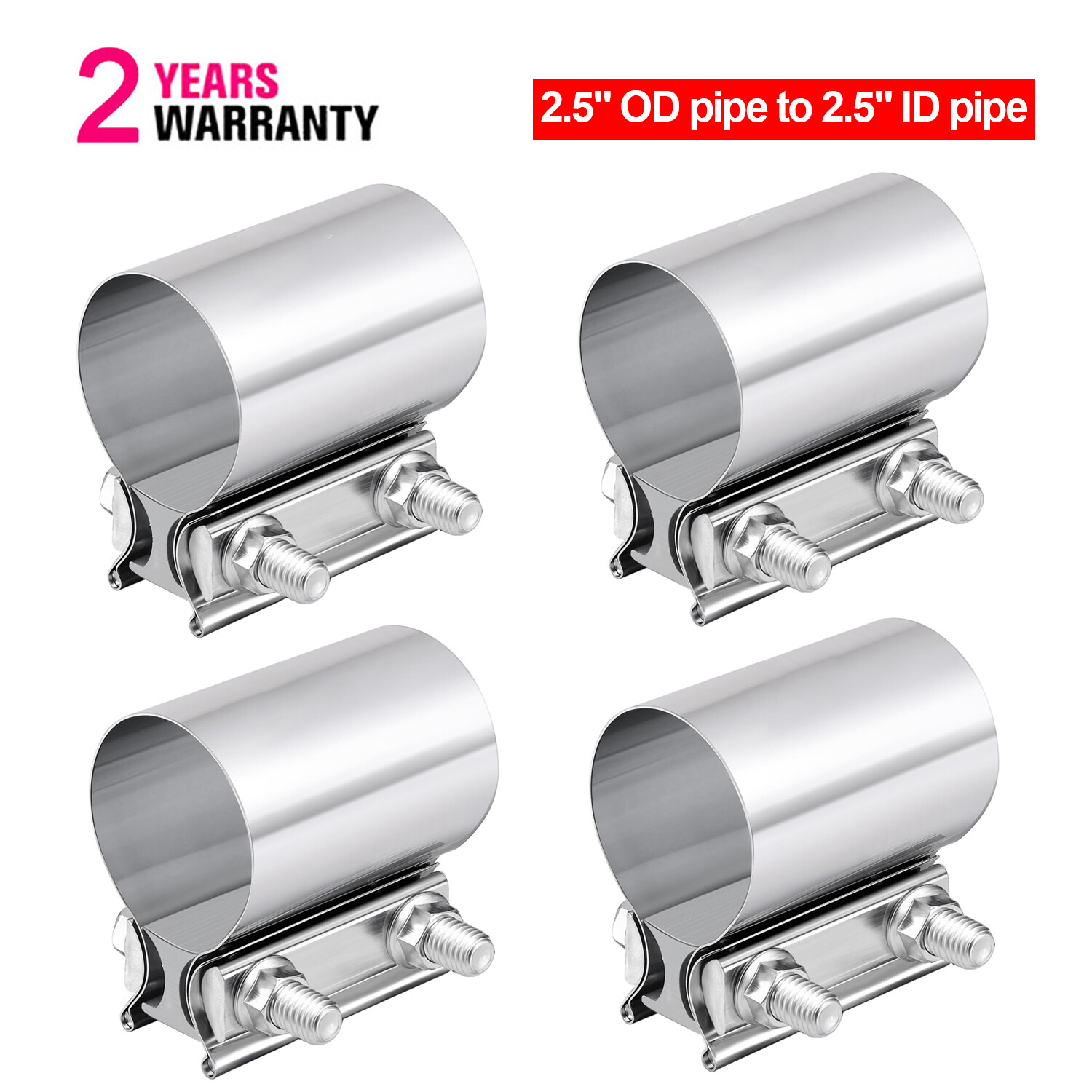 4Pcs 2.5 Inch Butt Joint Band Exhaust Clamp T304 Stainless Steel Sleeve Coupler