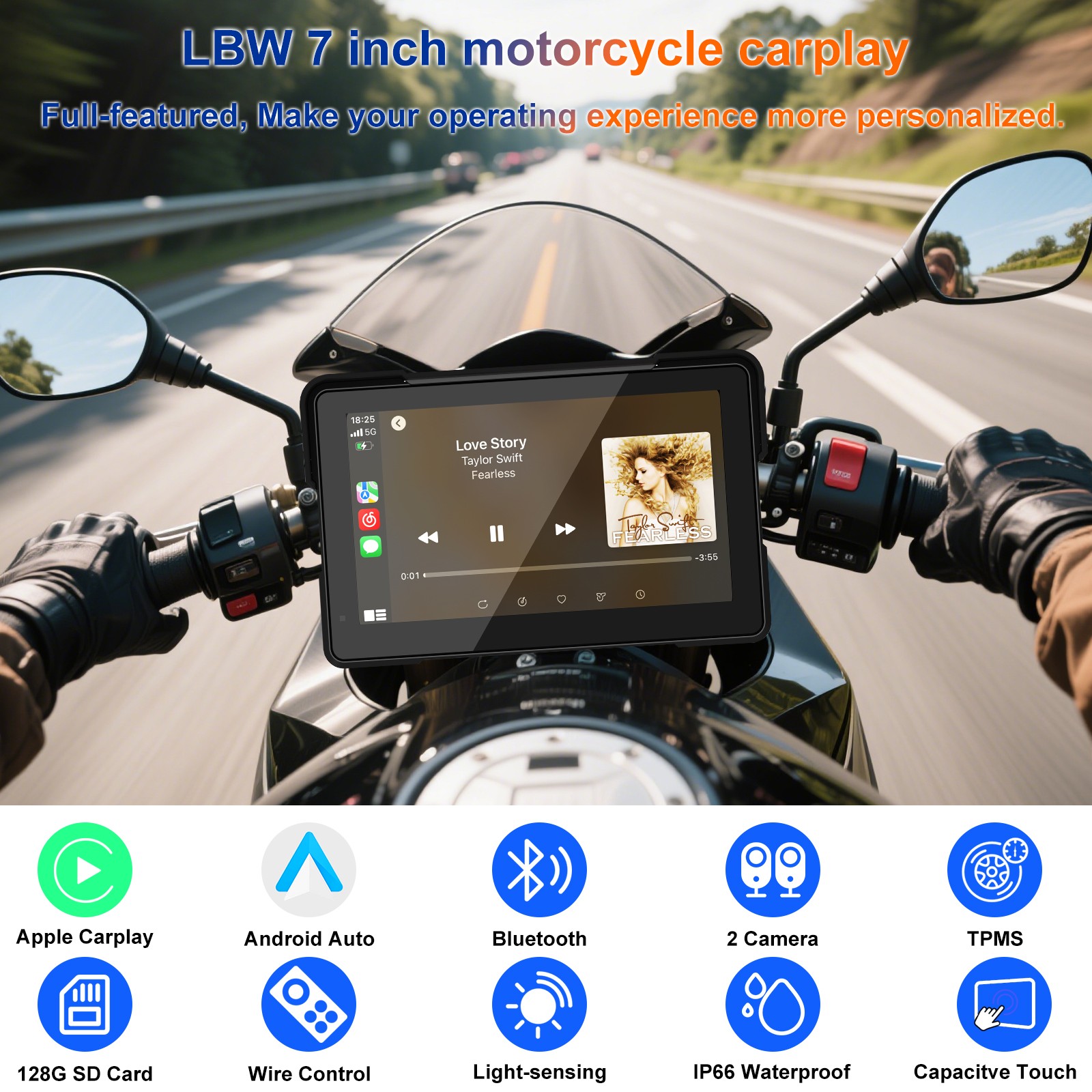 2026 Motorcycle CarPlay 7" Waterproof GPS Disp for Motorbike, Wireless CarPlay