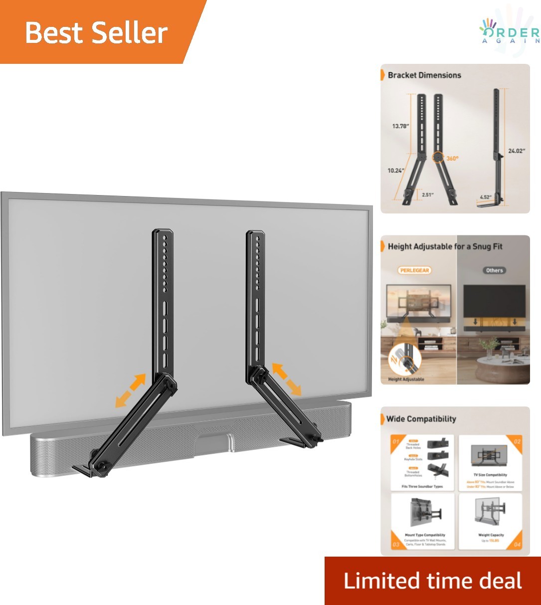 Soundbar Mount Adjustable Height Wall Mount Up to 15 lbs for TV