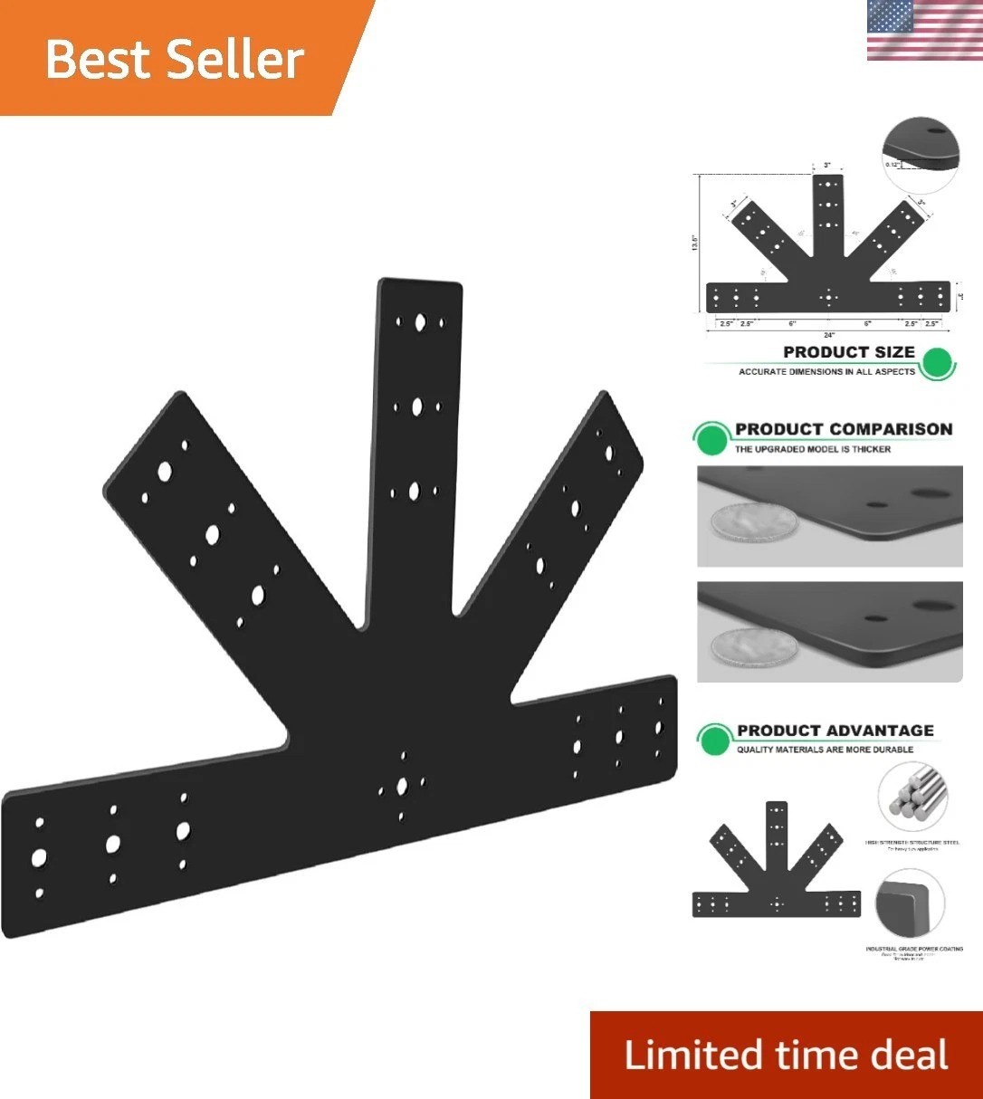 24.0''x13.5'' Powder Coated Gable Plate Pergola Truss Roof Plate Connector He...