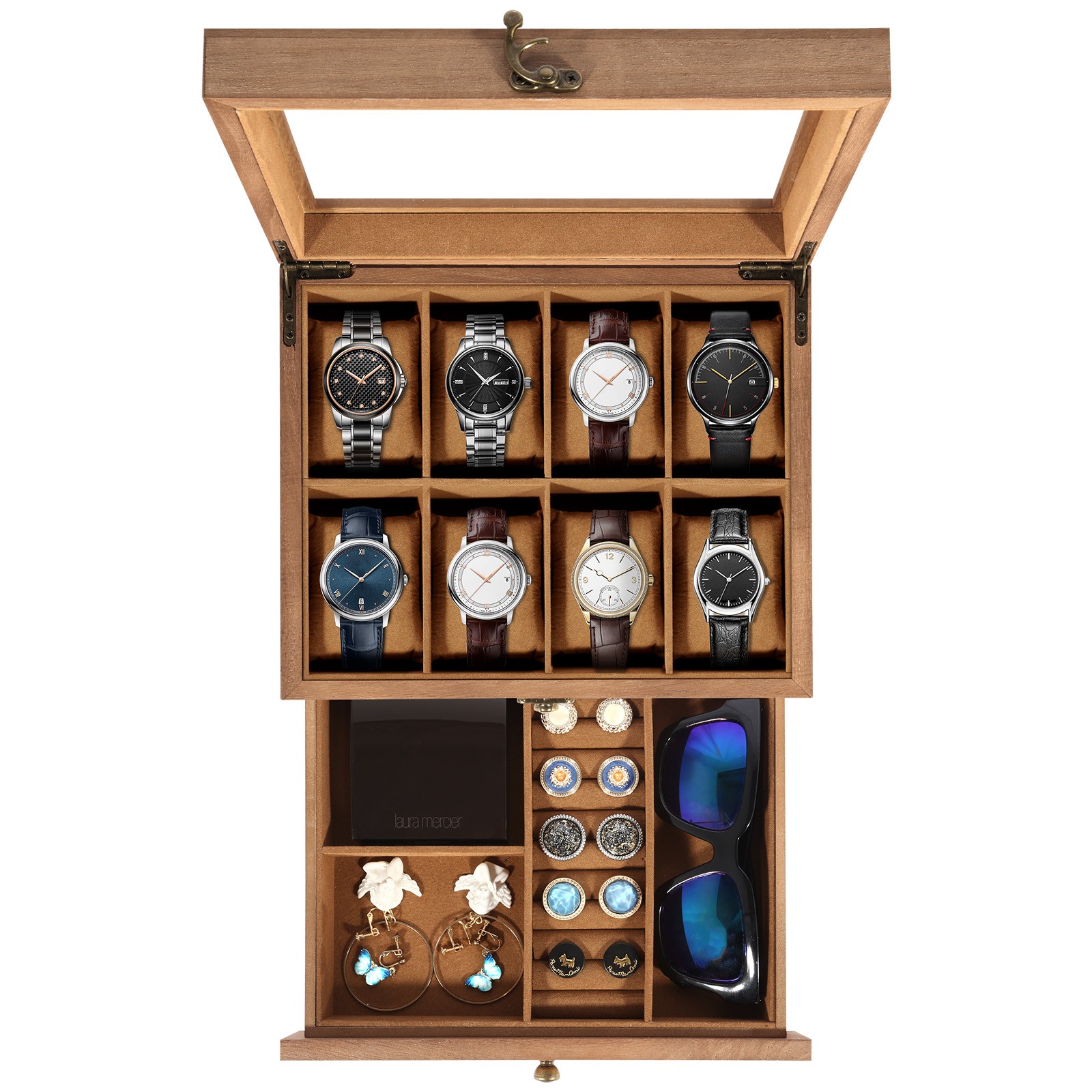 6/8/10/12 Slot Single/Double Layer Watch Jewelry Box Glass Paulownia Wood