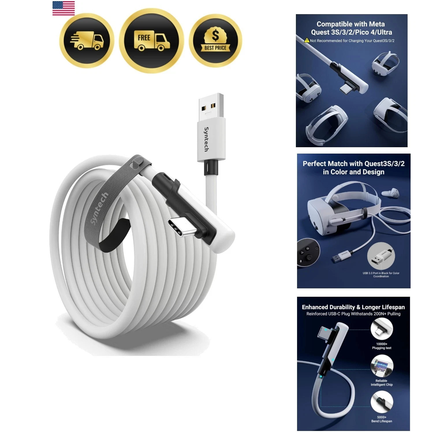 16FT VR Link Cable for PCVR Compatible with Quest 3 Quest 2 Pico 4 USB 3.0