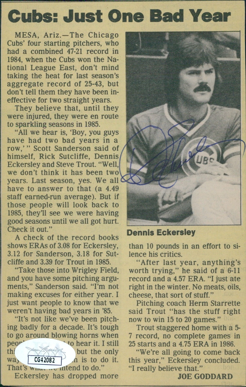 Dennis Eckersley Chicago Cubs Signed 4x6 Cut Page Photo JSA Authenticated