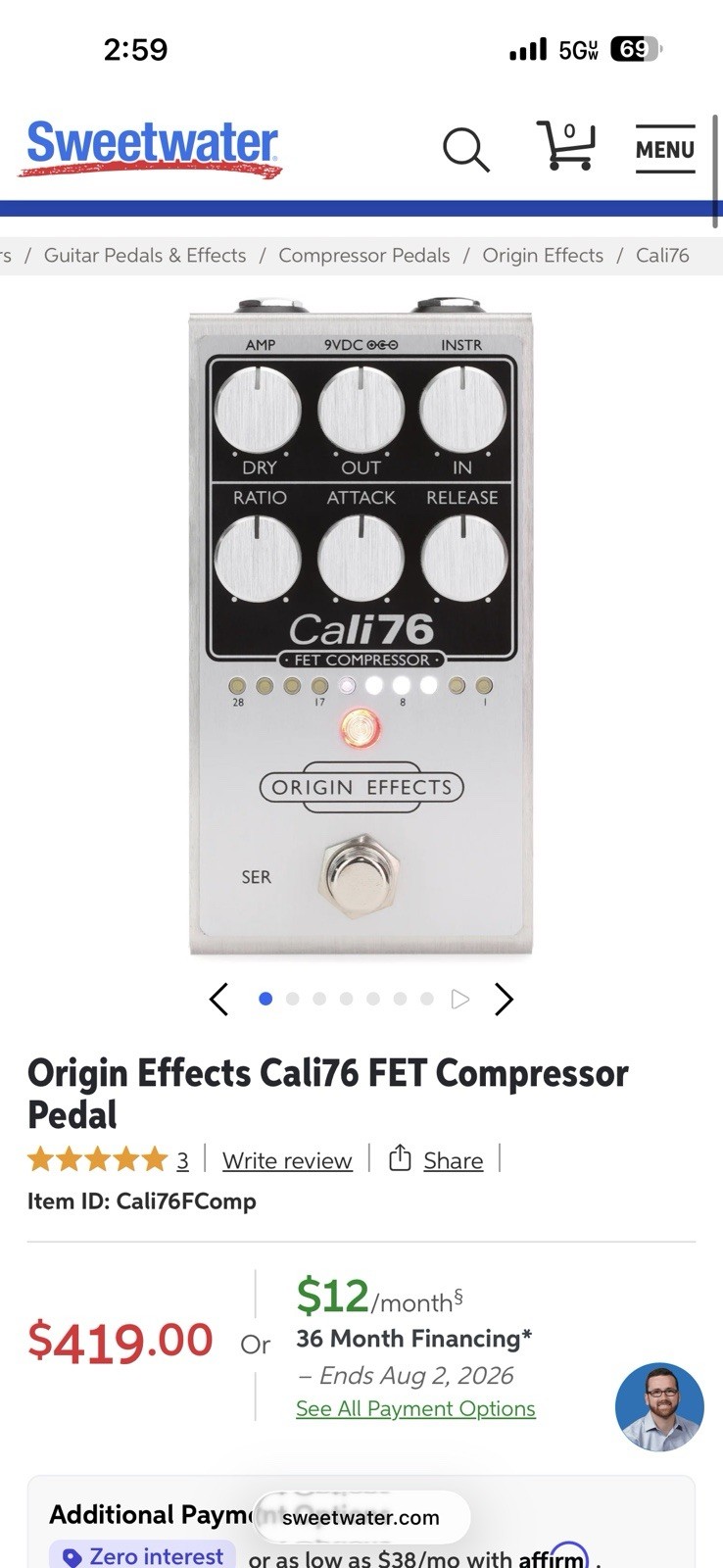 Origin Effects Cali76 FET Compressor Pedal Analog for Electric Guitar