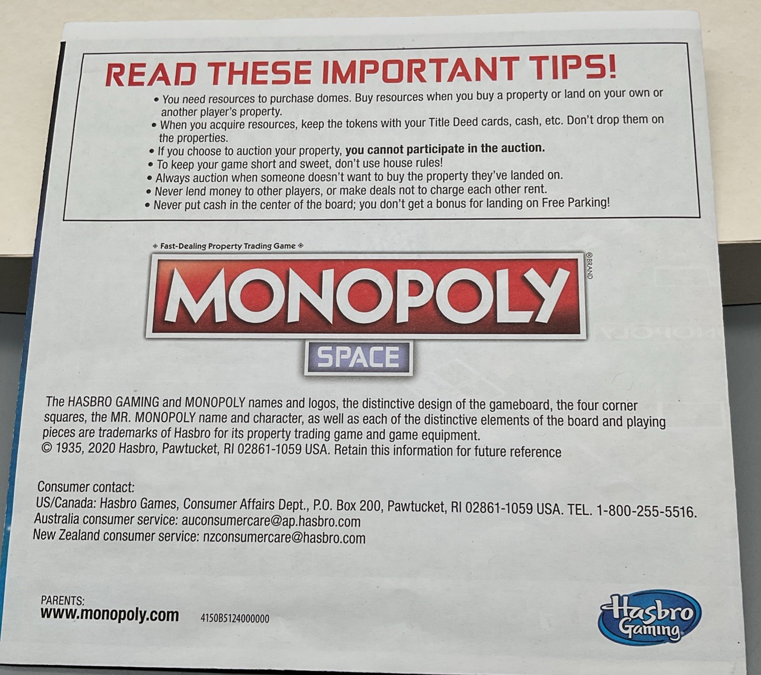 Monopoly Space Game Hasbro Gaming Replacement (2020) INSTRUCTIONS ONLY