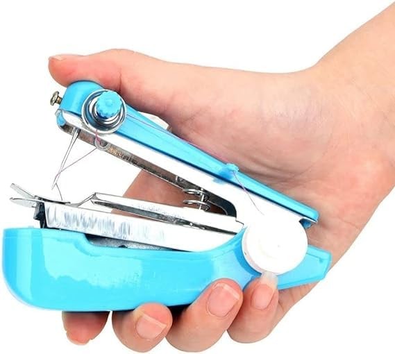 1Pc Blue Handheld Sewing Machine, Portable Mini Manual Handy Needlework Tool