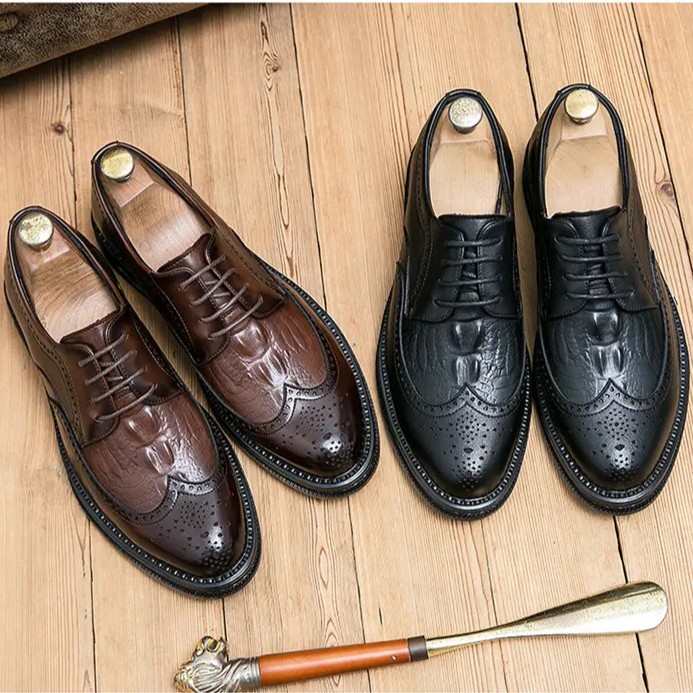Mens Carved Wing Tip Brogues Lace Up Formal Dress Business Shoes Crocodile Print