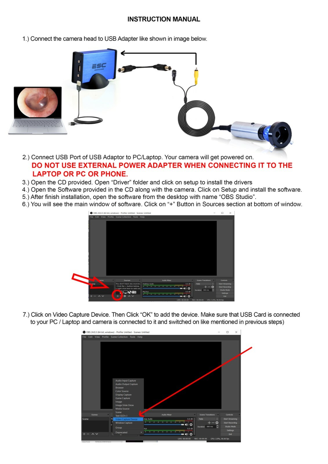 USB Endoscopy Camera HD w/ Portable Cold LED Light Source for Rigid Endoscopes