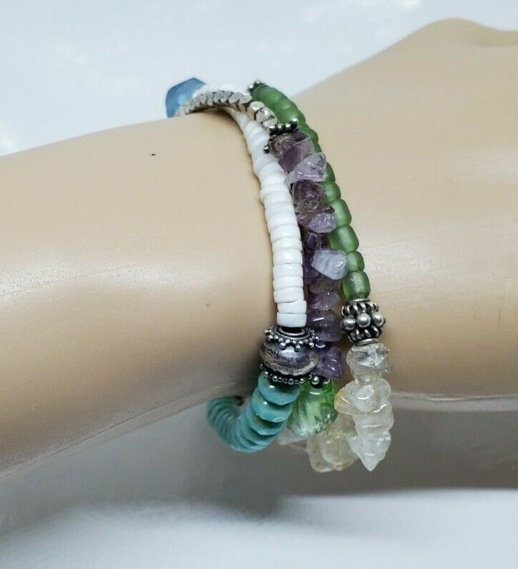 Multistone Teal Blue White Green Multibead Toggle Bracelet 7"