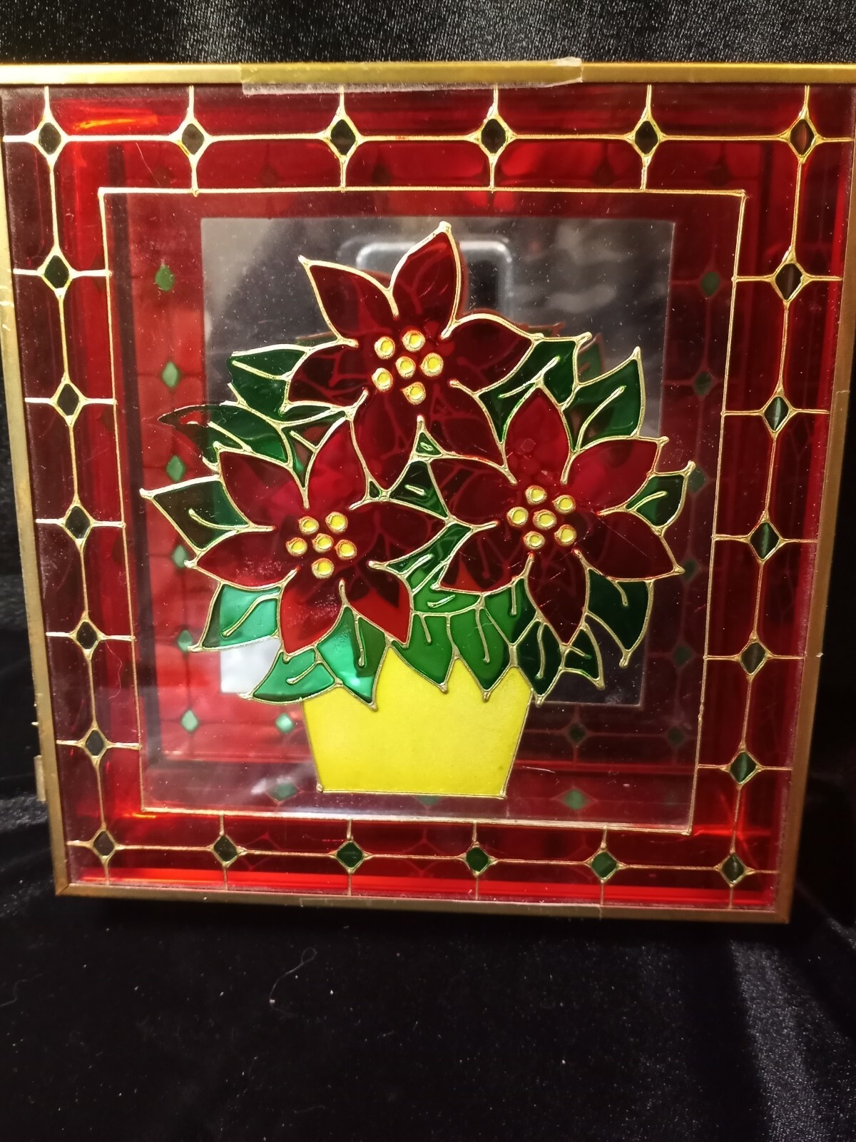 Glass Hinged Box Painted Poinsettias Mirror Inside 8"