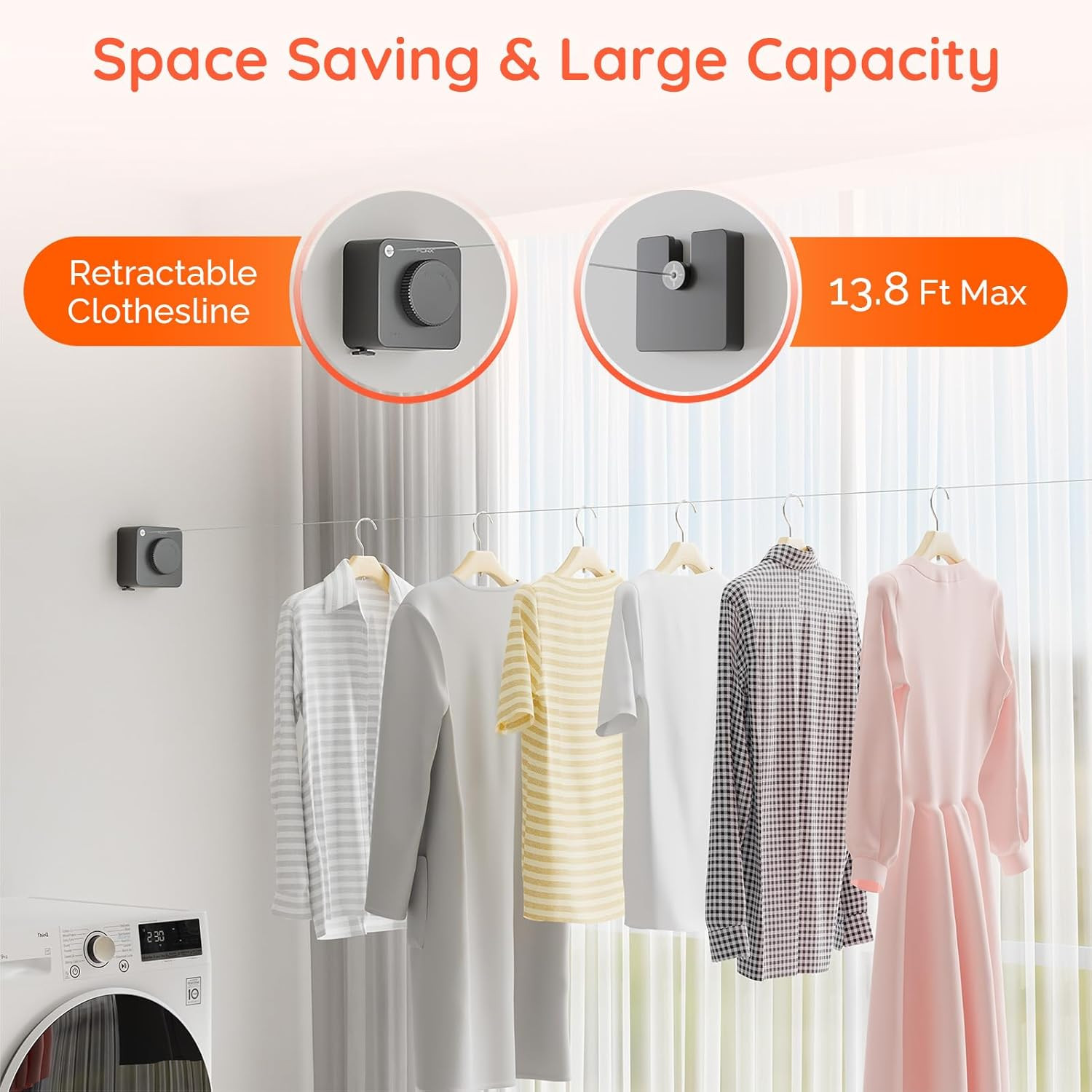 Retractable Clothesline Indoor, Non-Sagging Outdoors Clothesline Retracting, Hea
