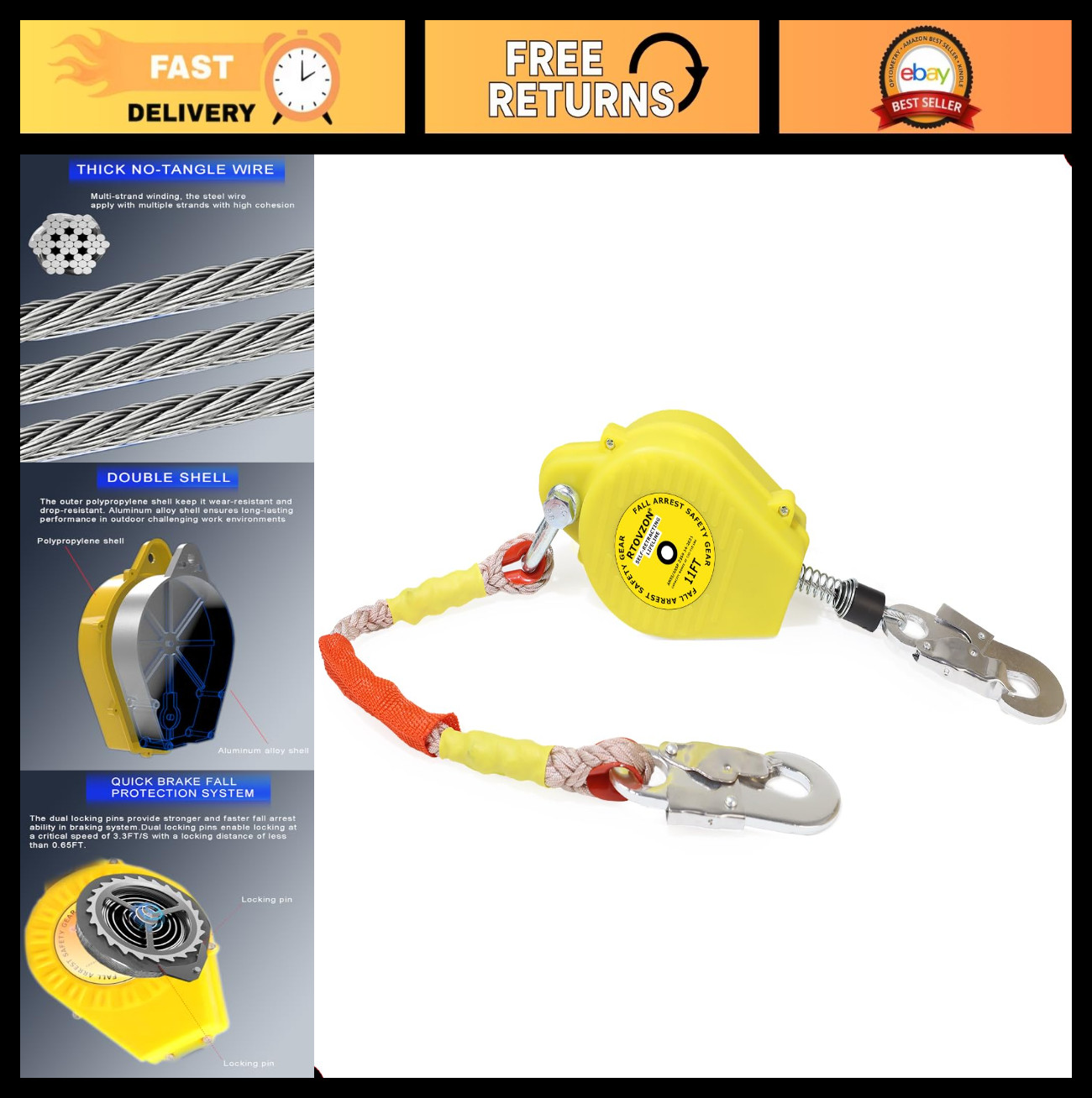 11FT Self-Retracting Lifeline with Dual Alloy Steel Hooks - Heavy Duty Fall Prot