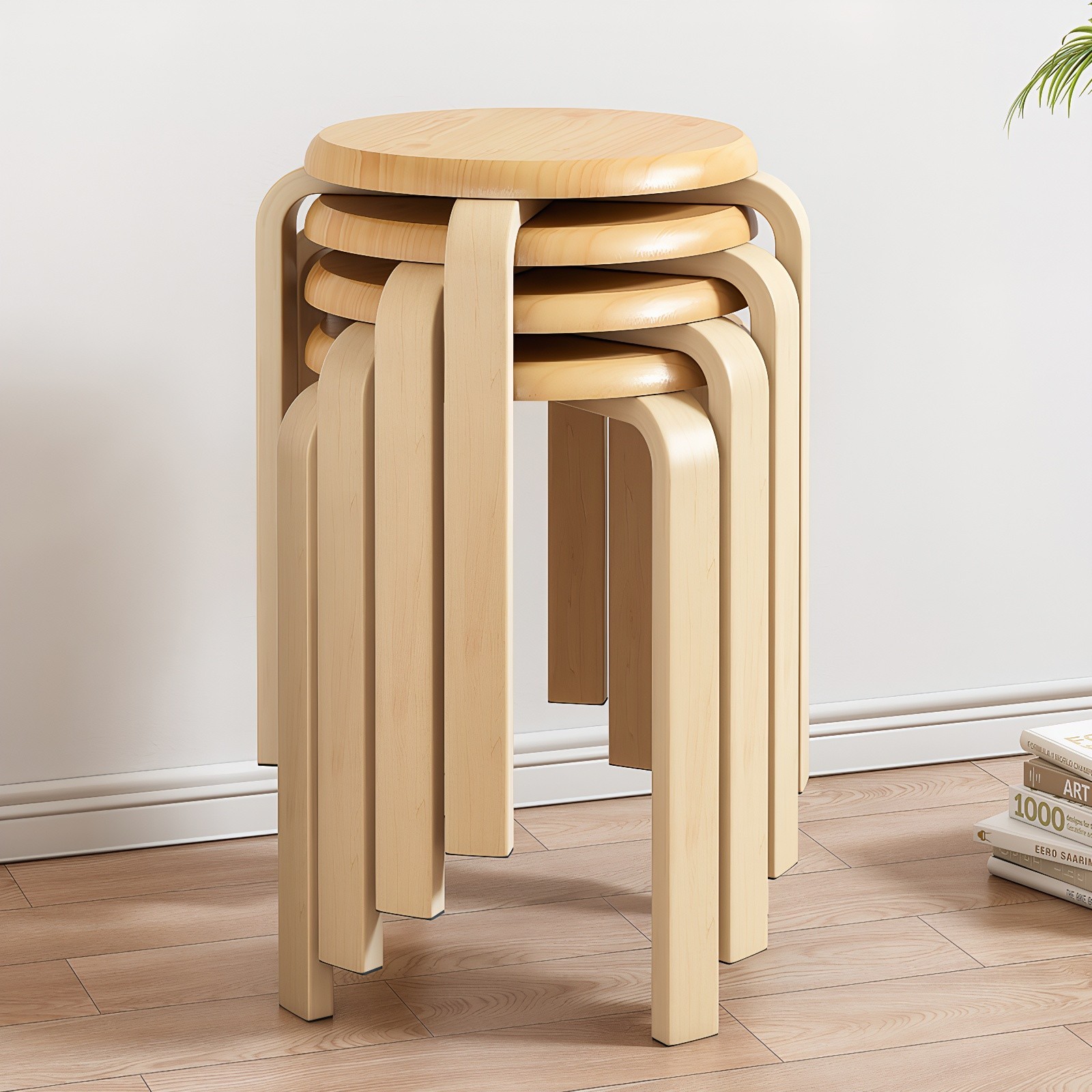 Stackable Bentwood Stools Set of 4, Nesting, Natural Wood, Anti-Slip