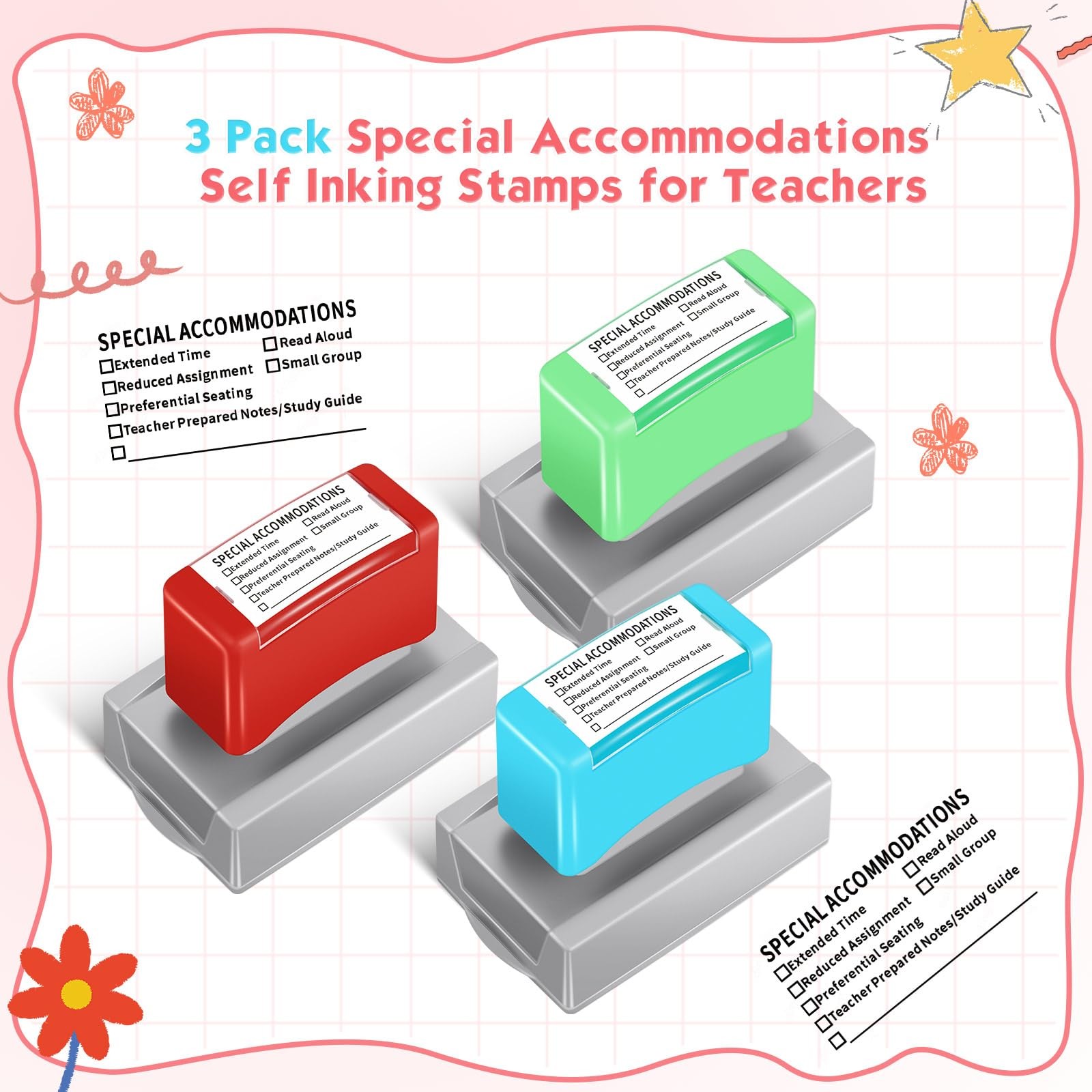 Teacher Stamp Set 3 PCS Self Inking Special Accommodations SPED Rubber Red Blue
