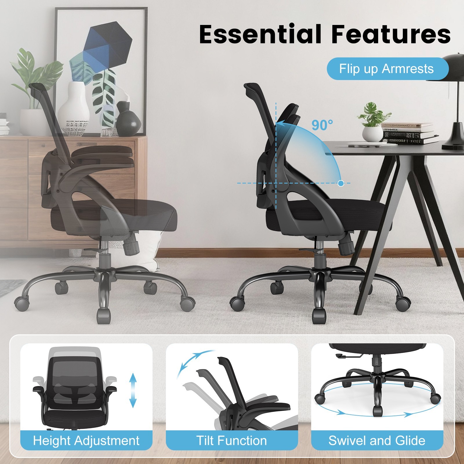 450LB Big Ergonomic Mesh Chair Mid Back with Lumbar Support Swivel Task Chairs