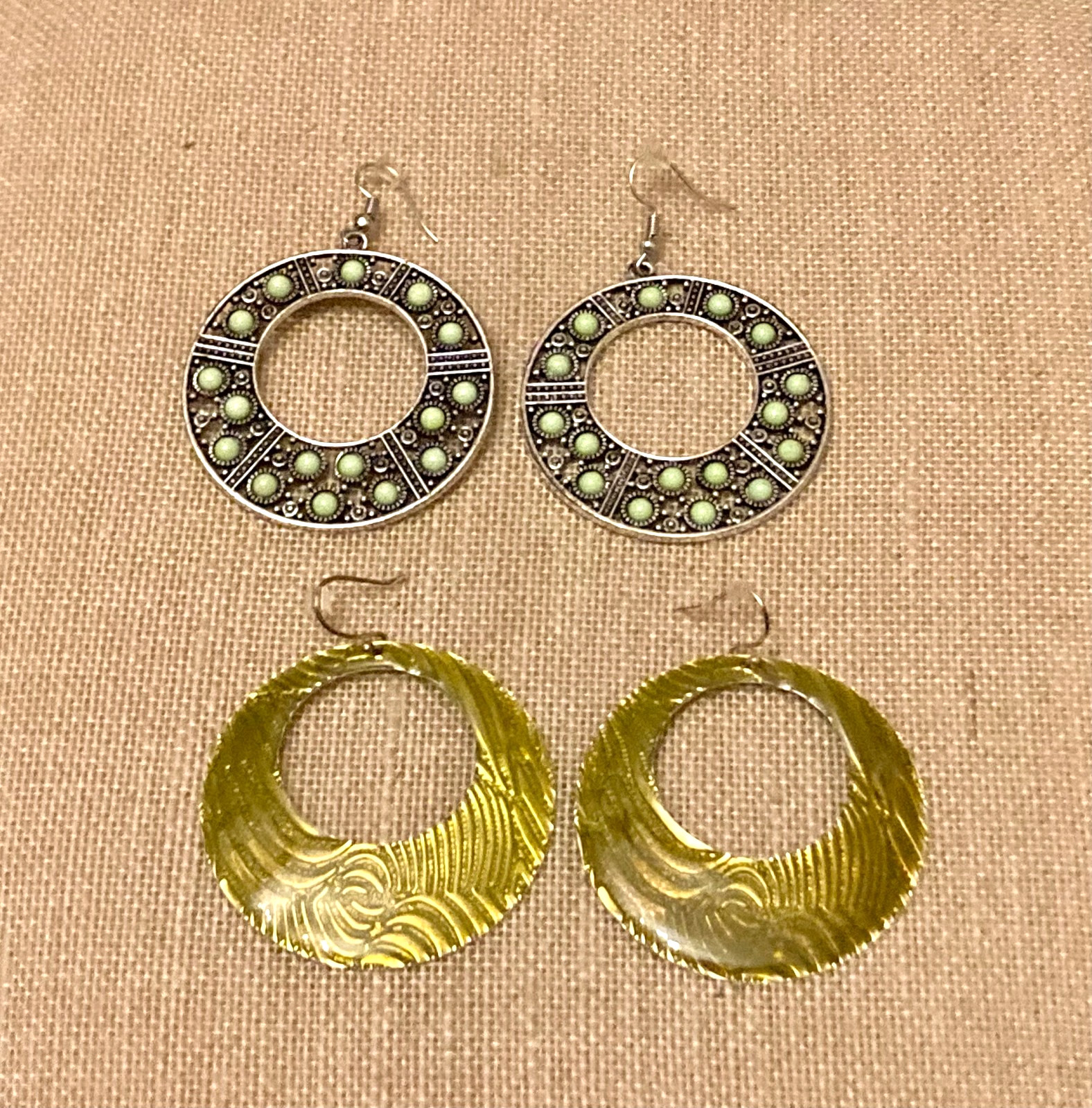 Vintage Round Statement Earrings Lot  Green Beaded Enamel Pierced Hook