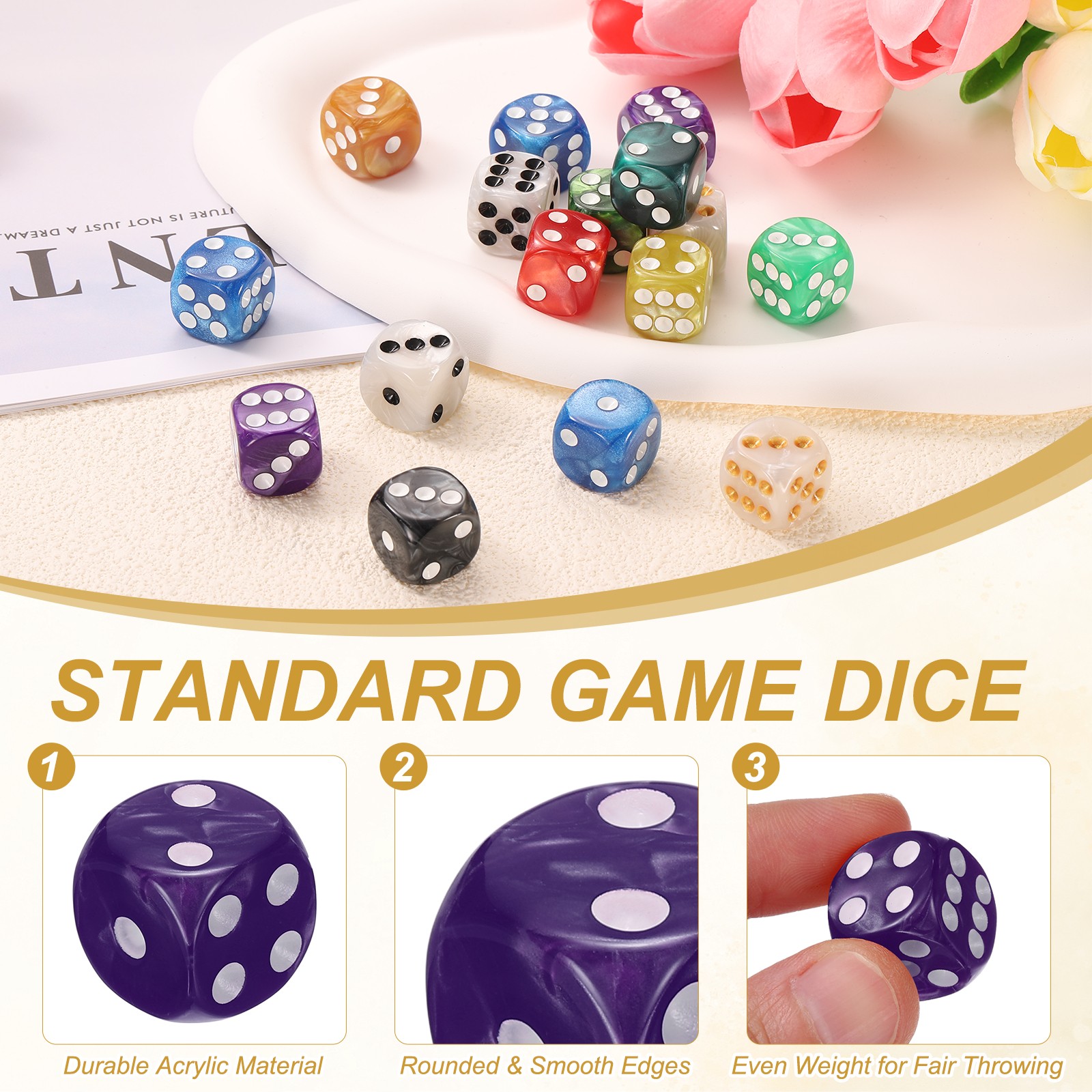 30Pcs Standard Game Dice Set 16mm Pearl Pattern Square Dice, Purple