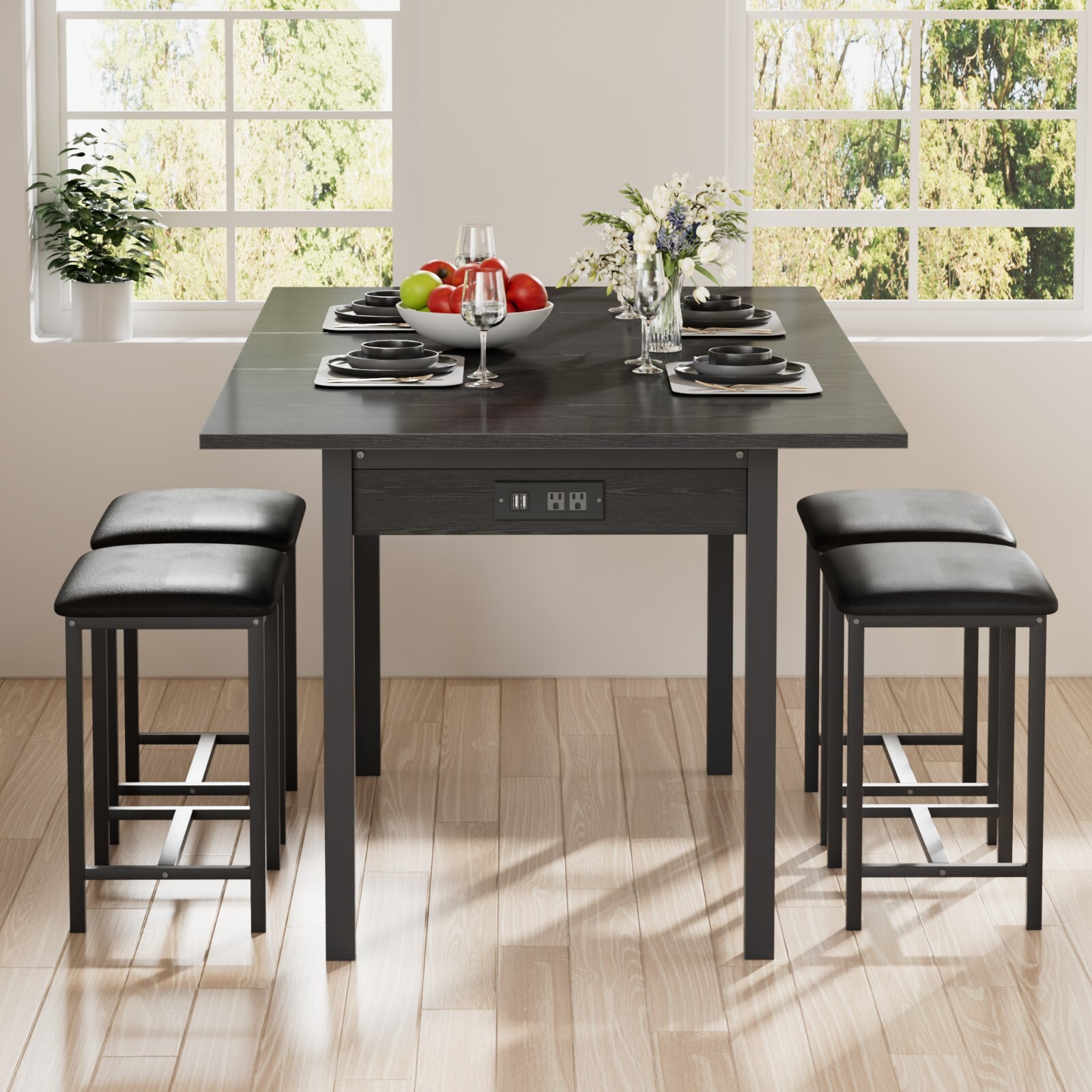 Extendable Dining Table Set with USB Charging, Kitchen Table with 6 Stools Black