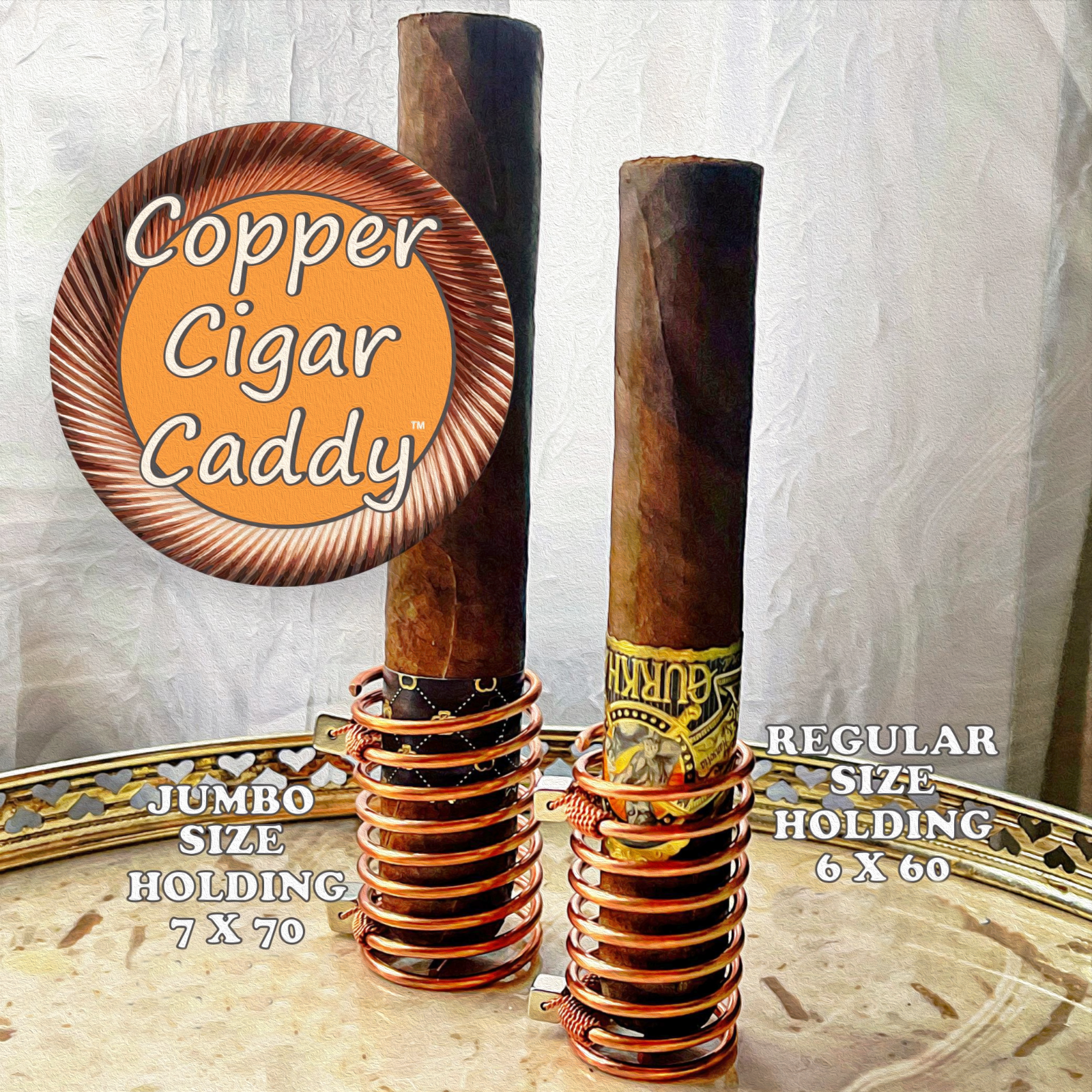 Jumbo Cigar Holder for Golf Cart - Magnetic, Solid Copper, Handmade 70 ring