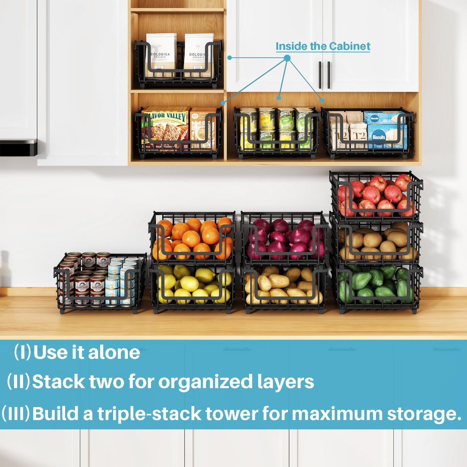 2 Pack Stackable Metal Wire Vegetable Fruit Basket for Kitchen Counter Cabine...