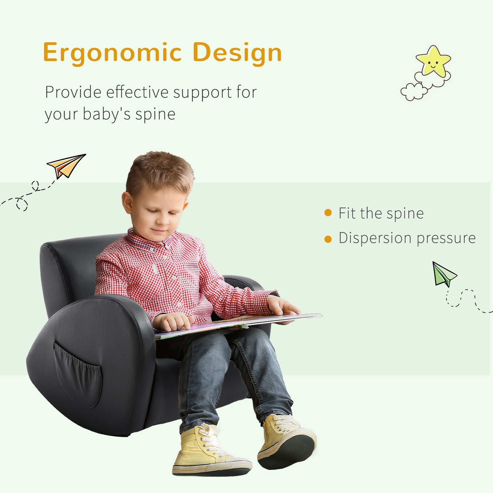 Kids Sofa Rocking Chair with Side Pocket, PU Leather Toddler Armchair