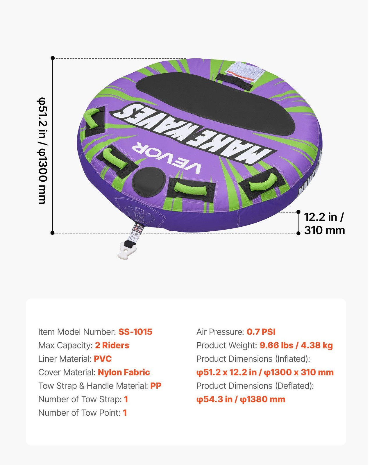 340lb 2-Rider Inflatable Towable Tubes with Padded Handles and Safety Valve