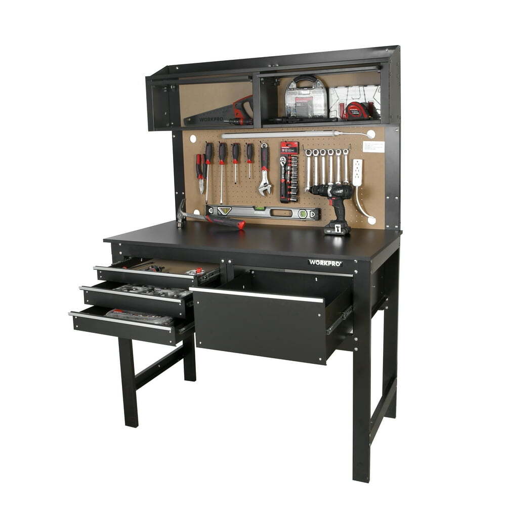 Workbench Cabinet Combo w Light 4" Tool Work Bench Steel Table Storage Garage
