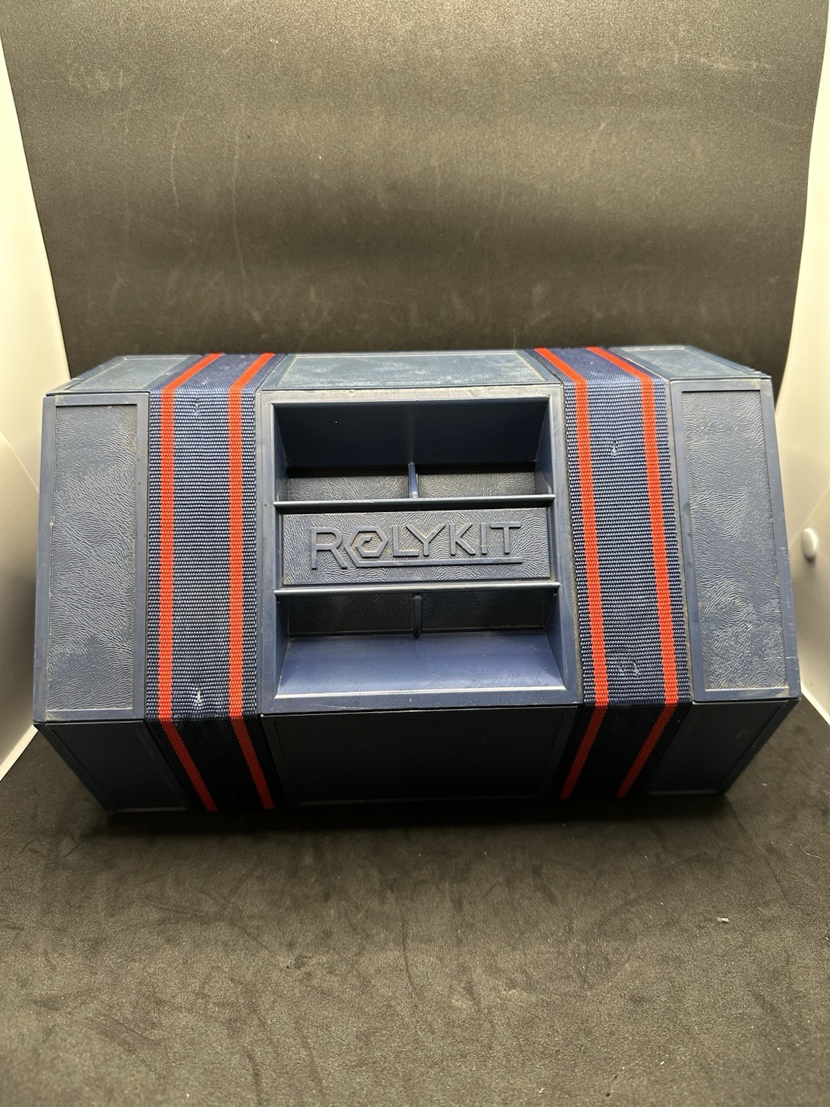 Vintage Rolykit: Tool Box, Organizer, Sewing, Crafts, & Fishing Blue ,Red Stripe